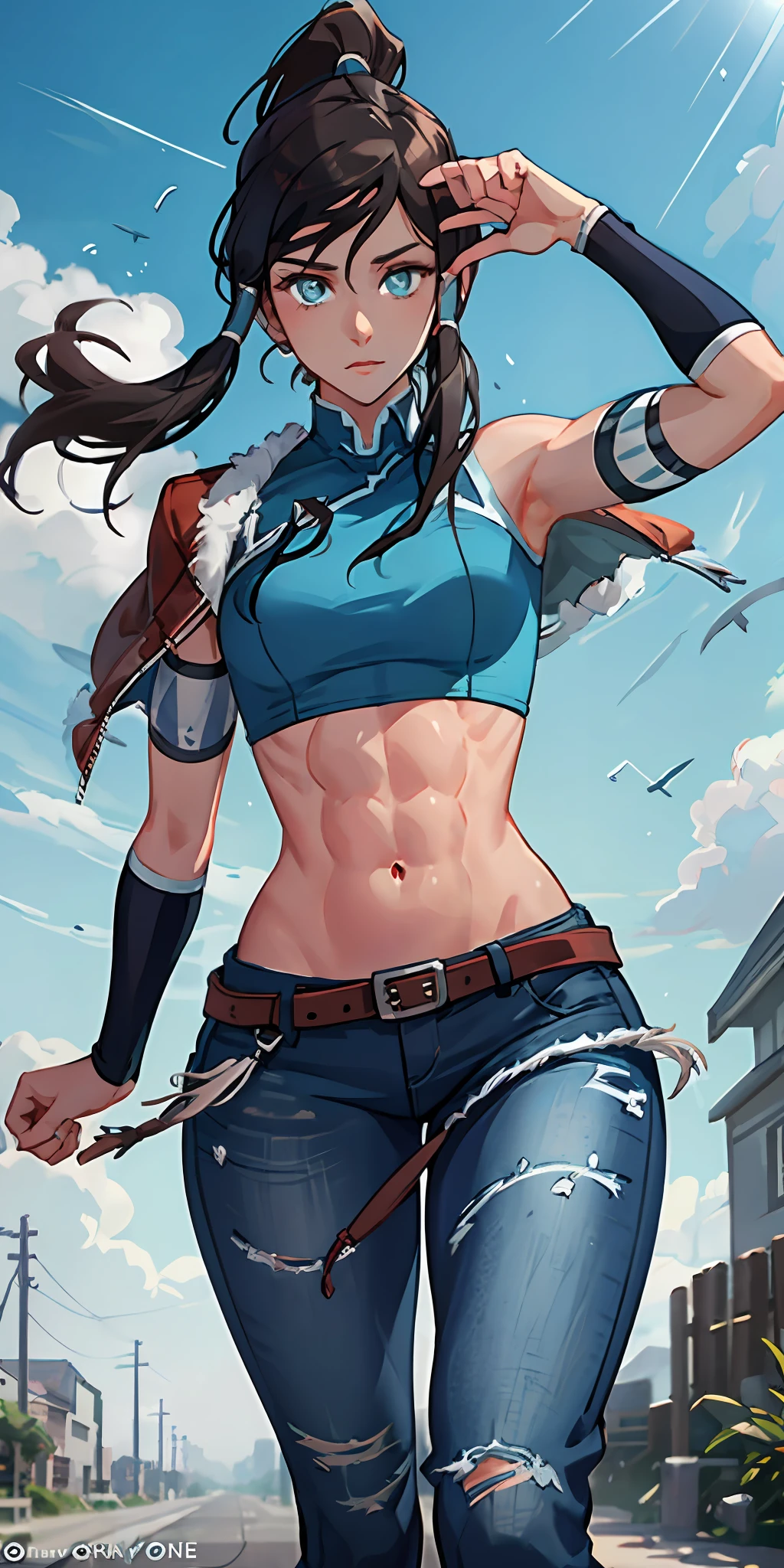 Korra, green light, glowing eyes, pov below, wind,, masterpiece, best quality, 1girl, cool, serious, medium breasts, long hair, blue  hair, red leather jacket, crop top, tight jeans, green eyes, abs