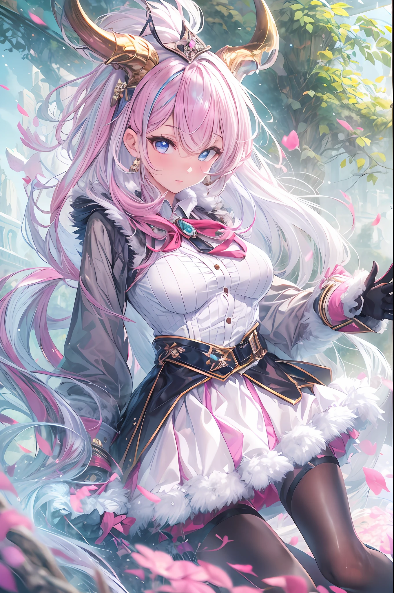 masterpiece , best quality, 1girl, solo, horns, skirt, shirt, white gloves, long hair, holding, black skirt, gloves, fur trim, white shirt, ribbon, looking at viewer, pink hair, upper body, bangs, outdoors, fantasy world