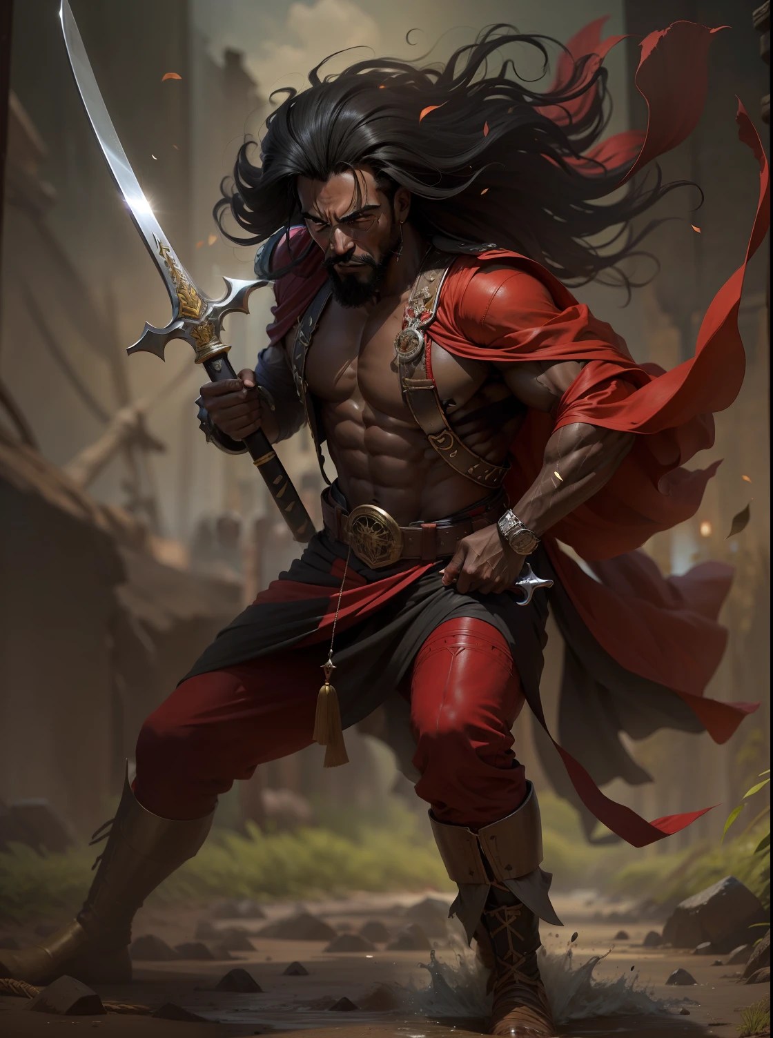 um homem de cabelos negros cumpridos, cavanhaque, armaduar de couro, segurando uma espada vermelha brilhante
