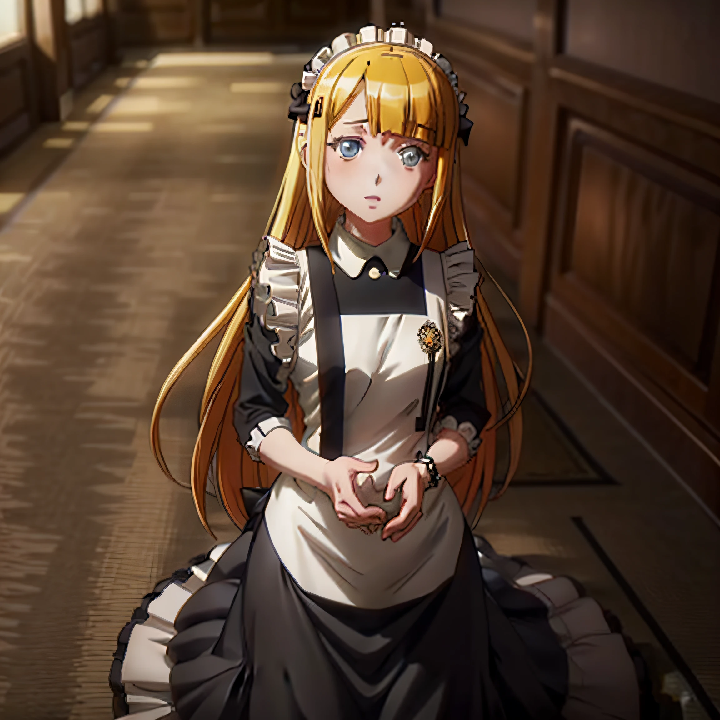 Woman in maid clothes sitting on the floor of the hallway, anime girls in maid costumes, today's featured anime still, maid clothes, anime maid  ss military, Anime visuals of cute girls, anime visual of a young woman, from the azur lane videogame, anime cat girl in a maid costume, girls frontline cg, Anime girl named Lucy