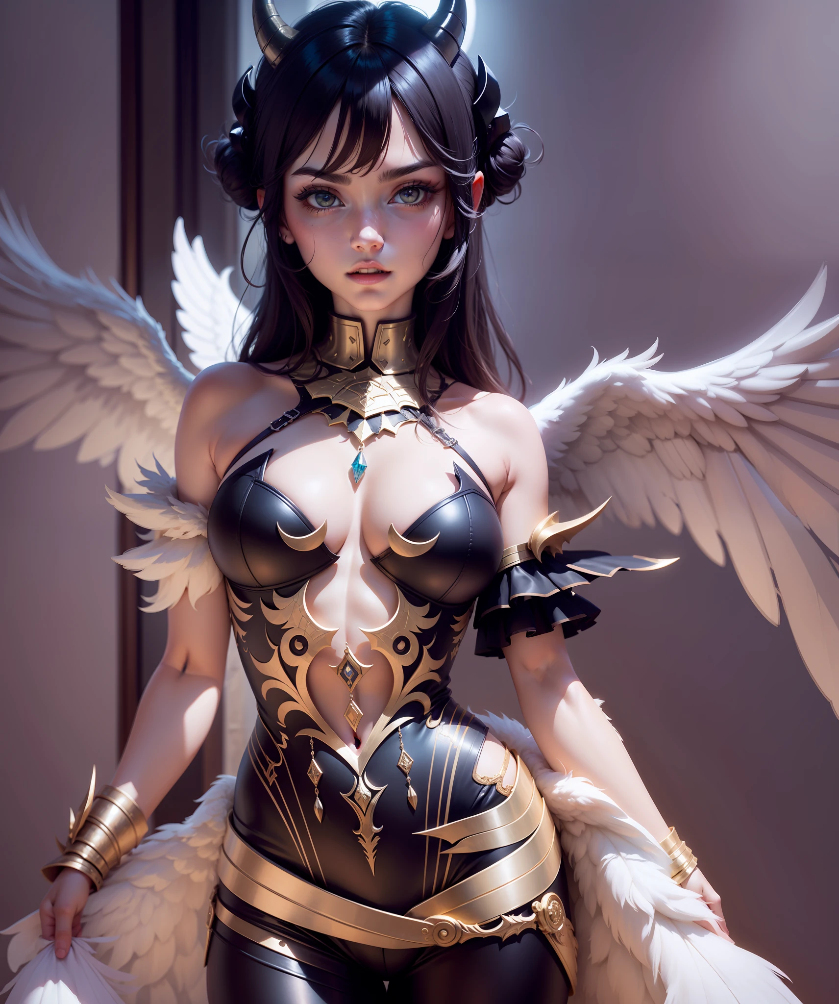 A demonic angel with big wings, Horns and a beautiful, Detailed cyber armor, mit einem hoch detaillierten Gesicht. Im Hintergrund ein blutroter Vollmond.