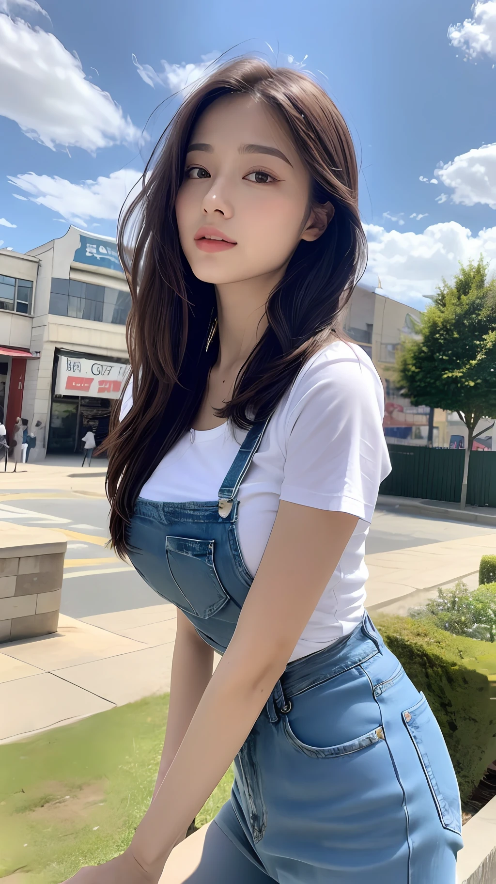 (Daytime, Excellent, 8K, Masterpiece:1.3)), Full body, Long legs, Focal length: 1.2, Perfect Body Beauty: 1.4, Slim Abs: 1.1, ((Dark Brown Hair, Big Breasts: 1.2 )), (White Skinny T-shirt, Denim Suspenders, Standing: 1.2), ((City, Blue Sky and White Clouds: 1.3)), Highly detailed face and skin texture, Detailed eyes, Double eyelids, Flying long hair