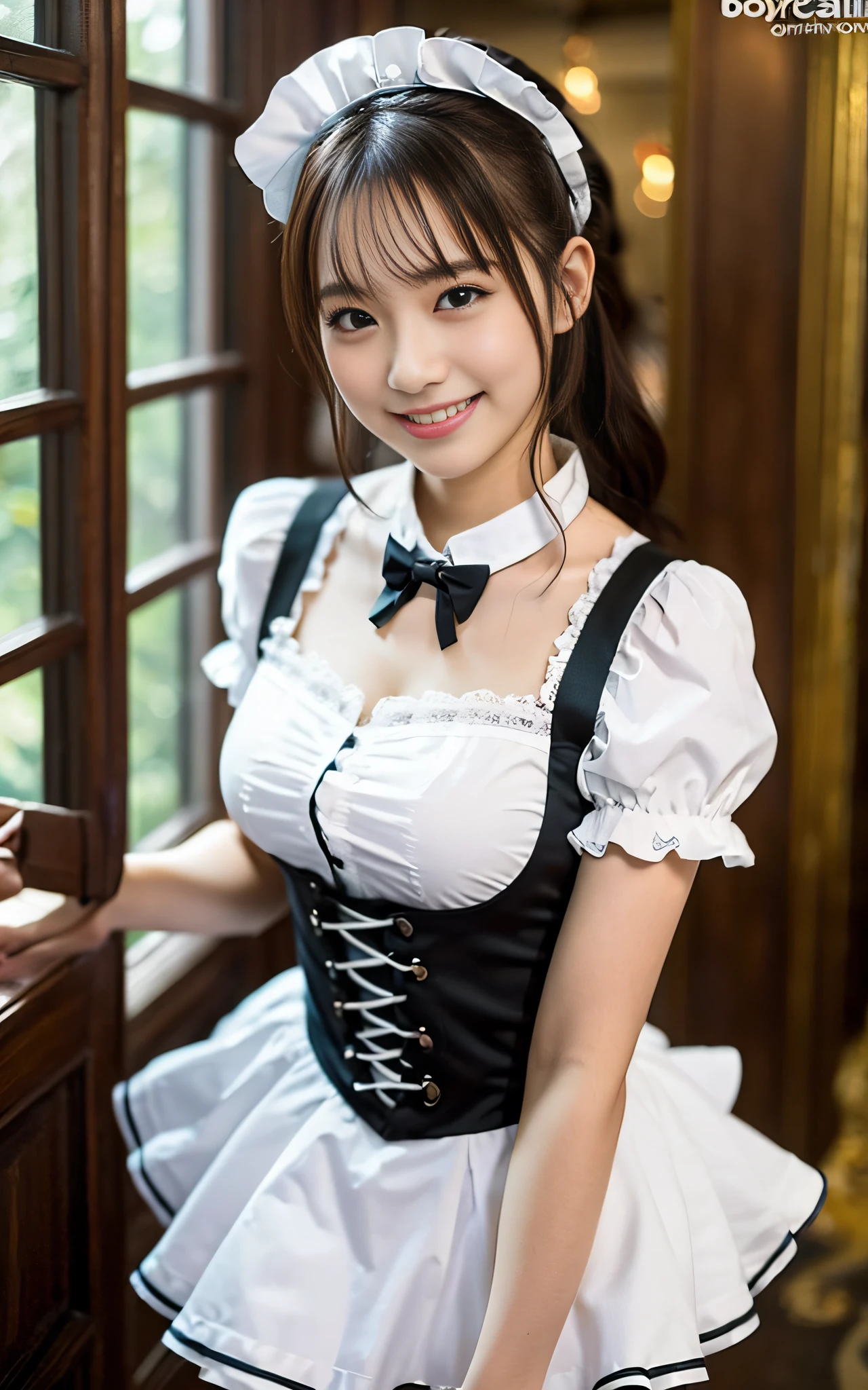 ​masterpiece, in 8K,  hight resolution, detailed maid outfit, a 20 yo woman, Maids, Bokeh background, bokeh feeling, low angles, Rooms in the mansion, Cleaning, Smile, de pele branca, Cute little girl s, a short skirt,