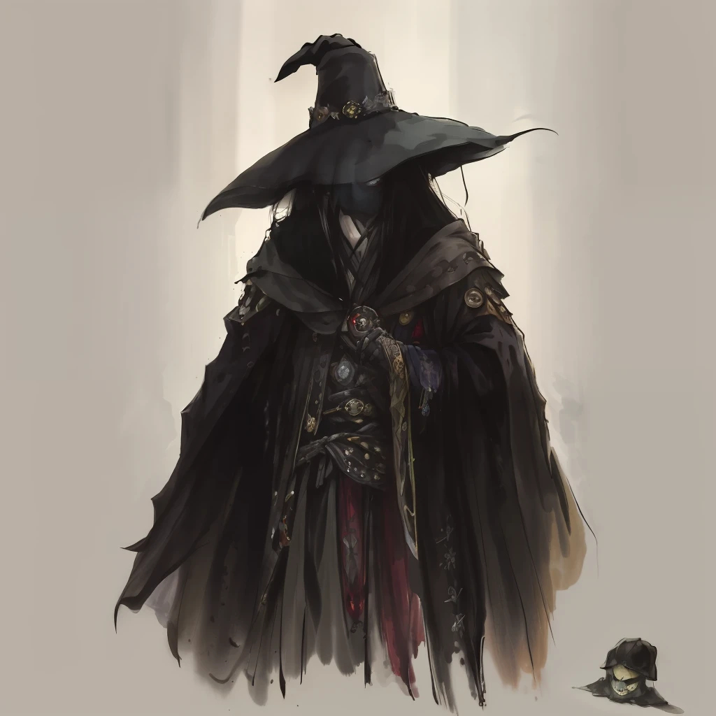 A painting of a wizard wearing a black hat and a cloak, dark wizard, dark witch character, dark cloaked necromancer, wearing black wizard robes, Sackcloth robe，Azabu hat，dark robed witch, ww 1 sith sorcerer, dark hooded wraith, dark fantasy character design, fantasy mage,evil sorcerer, classical witch，hyper HD，tmasterpiece。high qulity，Very detailed，lightand shade contrast