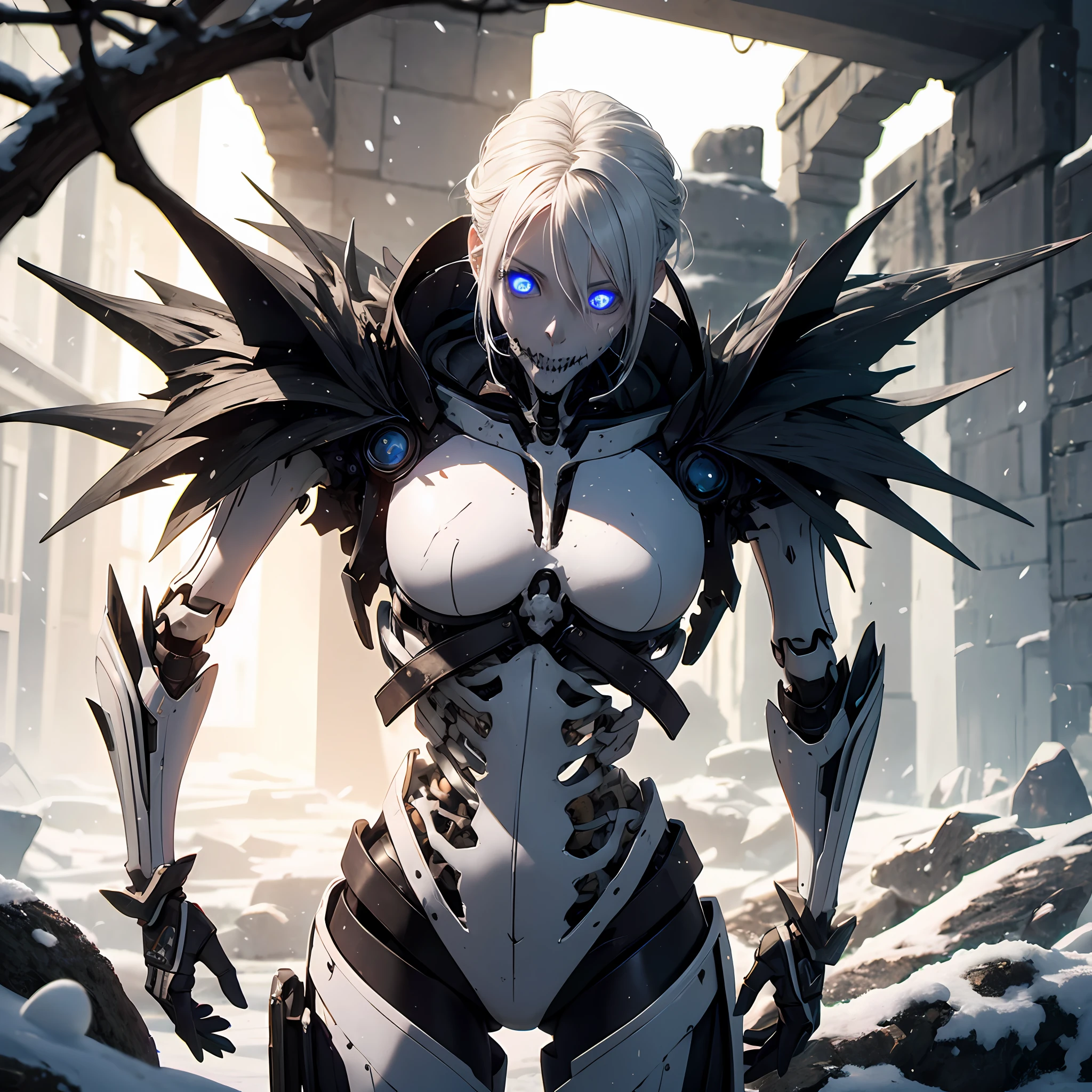 (Style - Necromancy:0.6), Award-winning photographic portrait of ancient white, death, Dead, 1girll,(Solo), cowboy lens (Wow deck), Glowing blue eyes, (skeletal armor), Fur trim, pauldrons, Torn Cape, Short white hair, bluefire, Snow, Ice, Night, borgar, sport, voluminetric lighting, Best quality, Masterpiece, Realistic, Root-branch AI, Bone Domain Artificial Intelligence, Multi-eyed horror artificial intelligence, V0id3 Energy Wizard, --auto