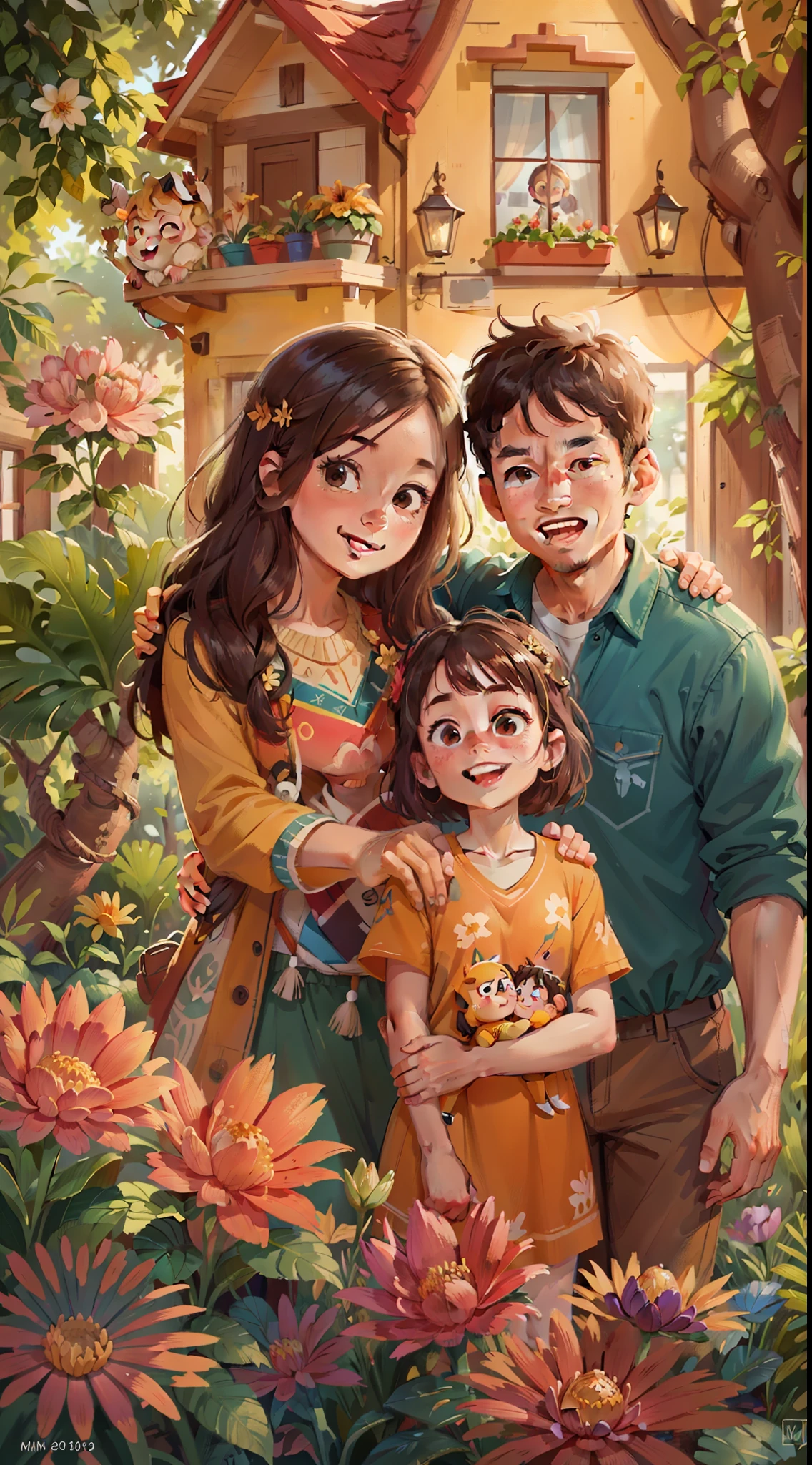 UHD,(High definition resolution:1.2),Skin luster,(Best quality:1.1),(masterpiece),(best quality),smile,(beautiful detailed face),(beautiful detailed eyes),8K. A family of two parents, a boy, and a girl, standing closely together, embracing each other, with bright and radiant smiles on their faces, behind them is a spacious and cozy house, surrounded by beautiful flowers and trees, in vibrant and lively colors, captured in 8K, HD.