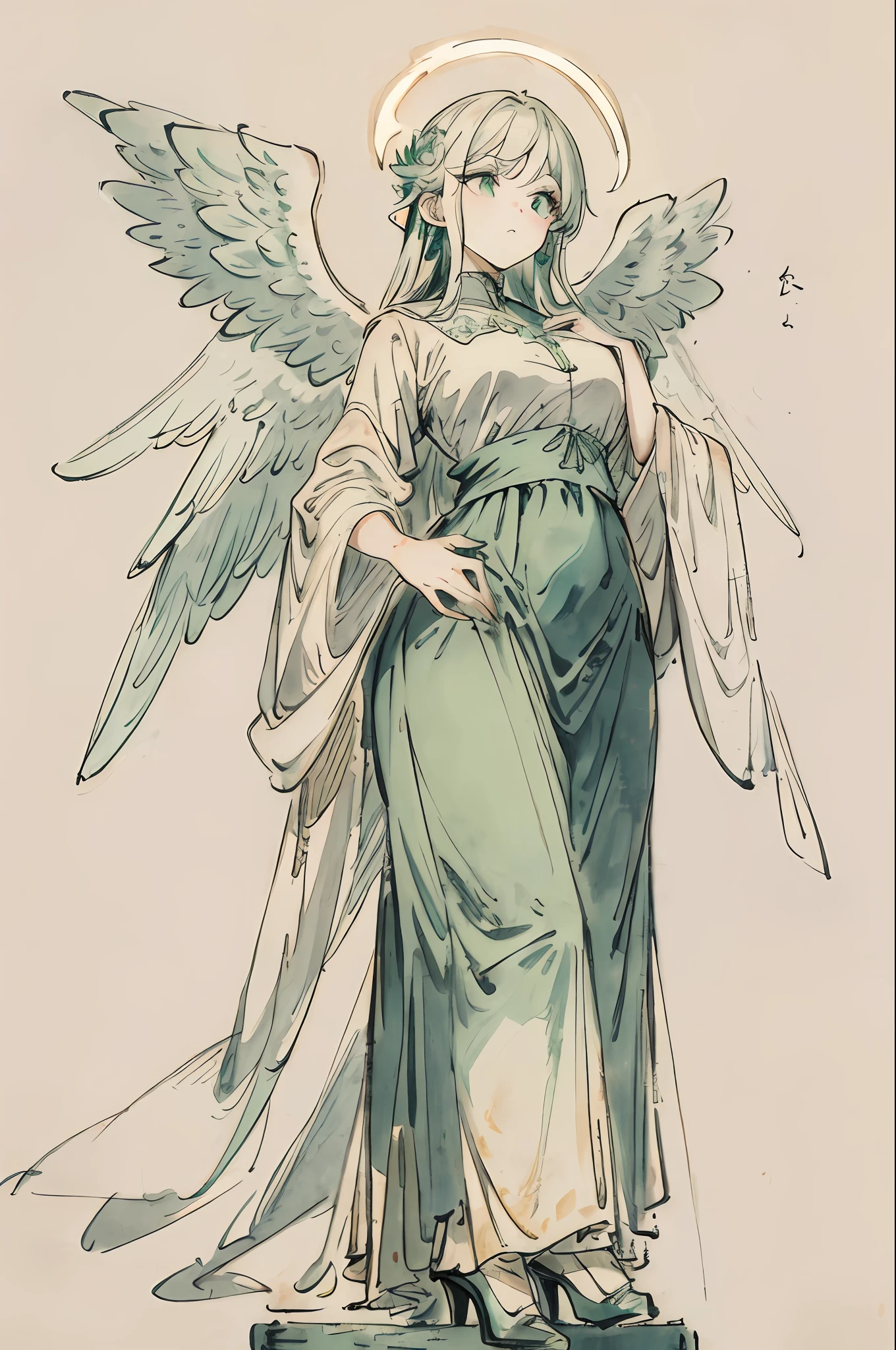 A highly detailed anime illustration, Vintage, Dreamy, European medieval background,Christian elements,Angel sculpture,Various plaster sculptures,white color hair,Dark green eyes,long skirt,high-heels,Relatively shy is popular on art stations, hyper HD, In a dim atmosphere, luminosity