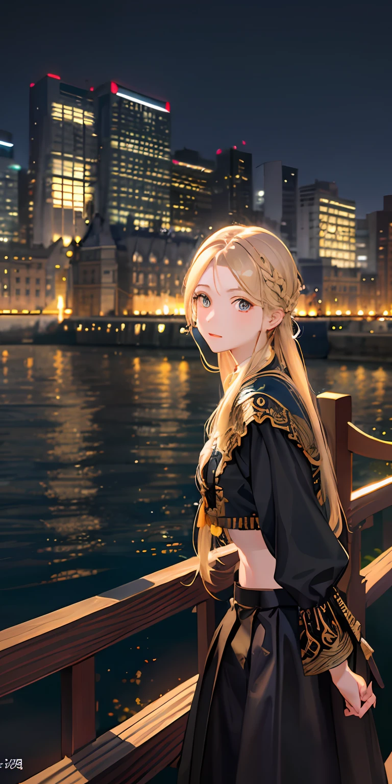 the night,Moonlight shines on the sea,Two men in Hanfu stand by the sea,Light shines on the hair,Behind you is a large forest,