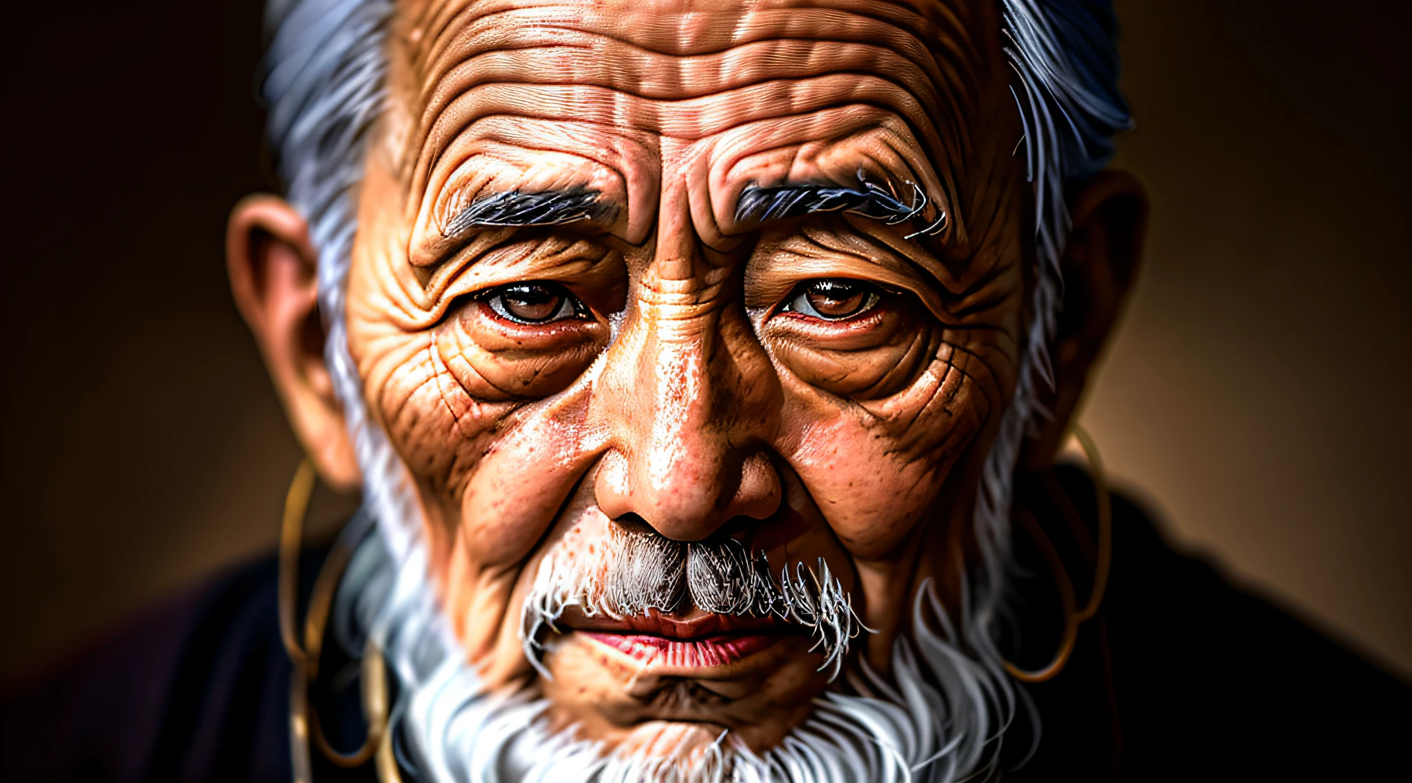 Ambiente escuro, particles in the air, Sepia Portrait of a very old and wise Chinese monk with wrinkled and aged skin. His eyes have a piercing gaze, e seu rosto exibe detalhes proeminentes. The photograph was taken in a dark studio, with ring light lighting, using a Nikon D850 camera and a 50mm lens with f/1.4 aberturas.