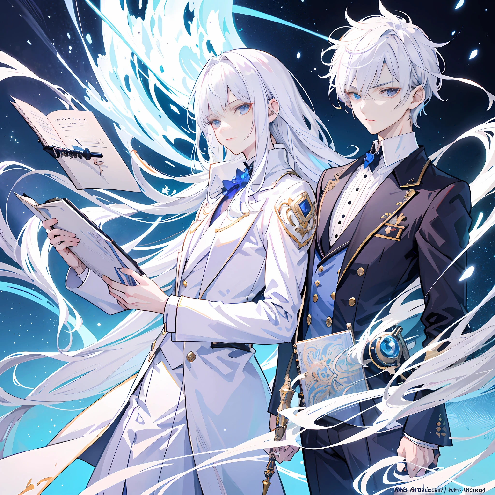 Anime - a stylistic image of a man with white hair and a white suit, handsome guy in demon killer art, Beautiful androgynous prince, by Yang J, Delicate androgynous prince, highly detailed exquisite fanart, whaite hair，Notebook and pen in hand