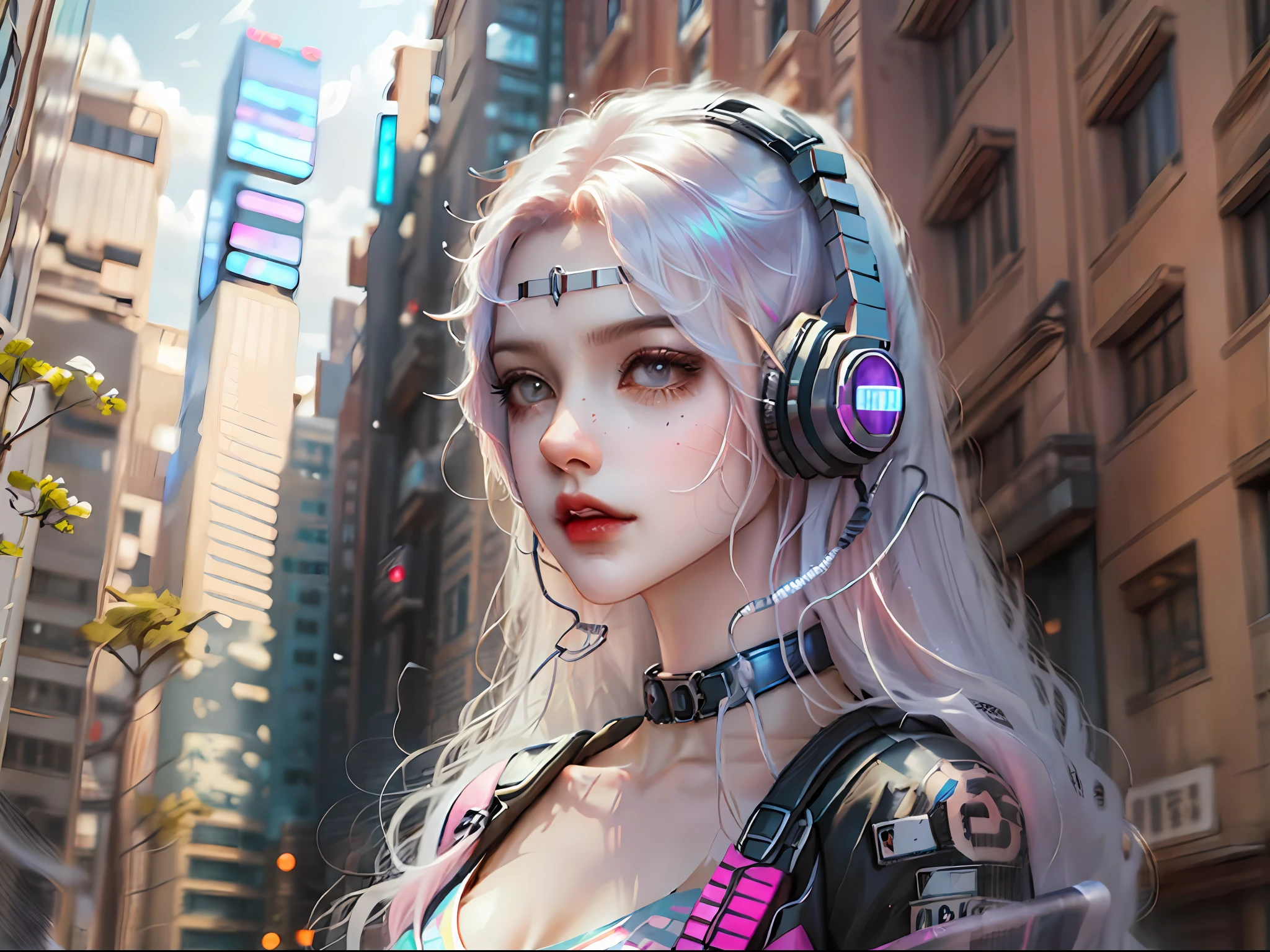 tmasterpiece,Best quality at best,one-girl,White hair,Bring headphones,Buildings,cyber punk perssonage,