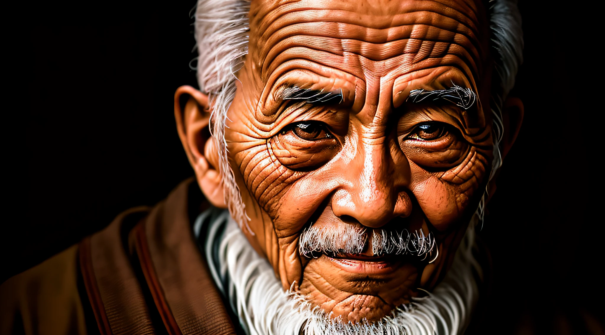 Ambiente escuro, particles in the air, Sepia Portrait of a very old and wise Chinese monk with wrinkled and aged skin. His eyes have a piercing gaze, e seu rosto exibe detalhes proeminentes. The photograph was taken in a dark studio, with ring light lighting, using a Nikon D850 camera and a 50mm lens with f/1.4 aberturas.