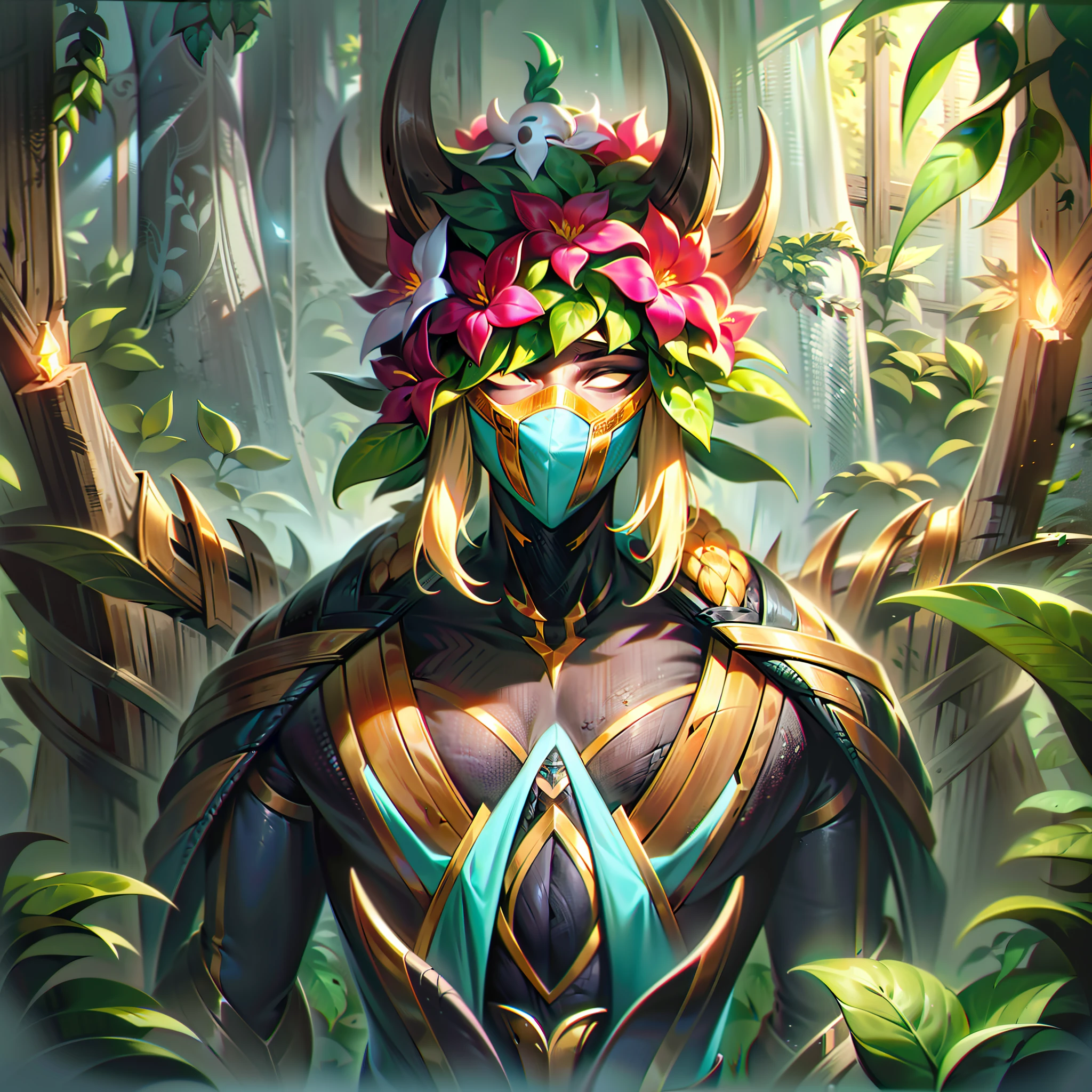 A male plant humanoid, His body is completely made of plants and plant tissues and all covered by a light wood bark, on his face a light wood mask that is joined to the rest of the body's wood, From his face mask it is only possible to see his eyes through the openings, His enormous hair entirely formed of flowers and vines that are born from his head comes out of the back of the mask going to the end of his back, has a long and articulated tail made of plant tissue and with large wooden scales and with a large flower in bloom at the end , 3 meters tall, thin, long clothes made of plant only on the lower part of the body, Has wooden horns on the head that resemble horns, masterpiece, high resolution, showing the whole body.