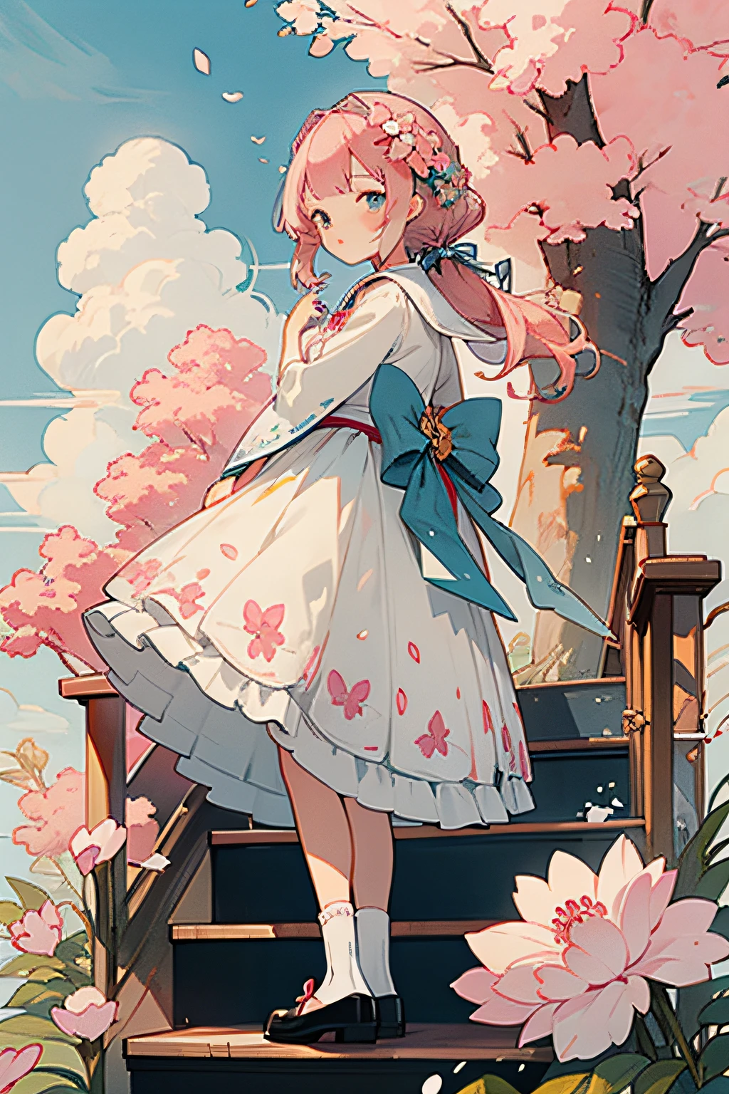 1girll， The bird， long whitr hair， exteriors， shift dresses， 独奏， eBlue eyes， halter， white dresses， Pink flowers， florals， Black footwear， Pink hair， daysies， petals， bag， stairways， longer sleeves， looking at viewert， sockes， White  socks， footwear， Skysky， By bangs， Turn Back， SakuraNS， Sailor collar， hair flower， blue-sky， standing on your feet， hair adornments， the bow， The tree