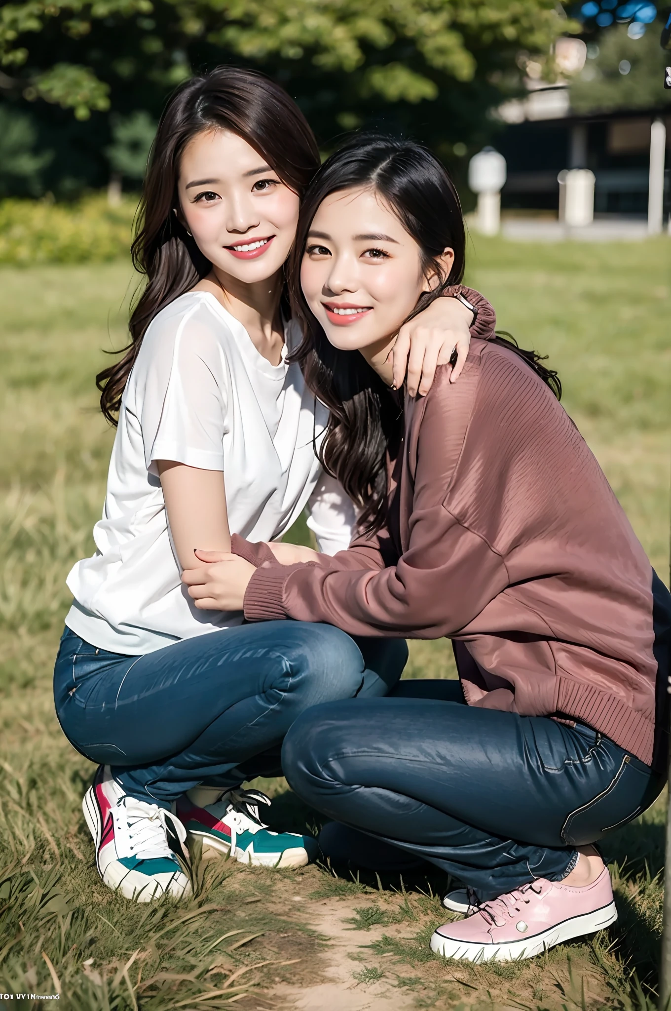 (RAW photogr,超高分辨率,tmasterpiece,best qualtiy:1.4),Complicated details,2 20 year old Korean girl,Wear a loose black T-shirt and skinny jeans,Stand on the grass and take pictures,hugs,Intimate relationships,Detailed meadow,A sweet smile on a small face,The face and skin are pink and fair,Ultra-realistic facial details,Playful and coquettish pose,The calves are straight and slender:1.5,Wear high-end branded colorful travel shoes:1.5,eventide,warm color,Broad lighting,naturalshadow,taking a full body photo:1.8