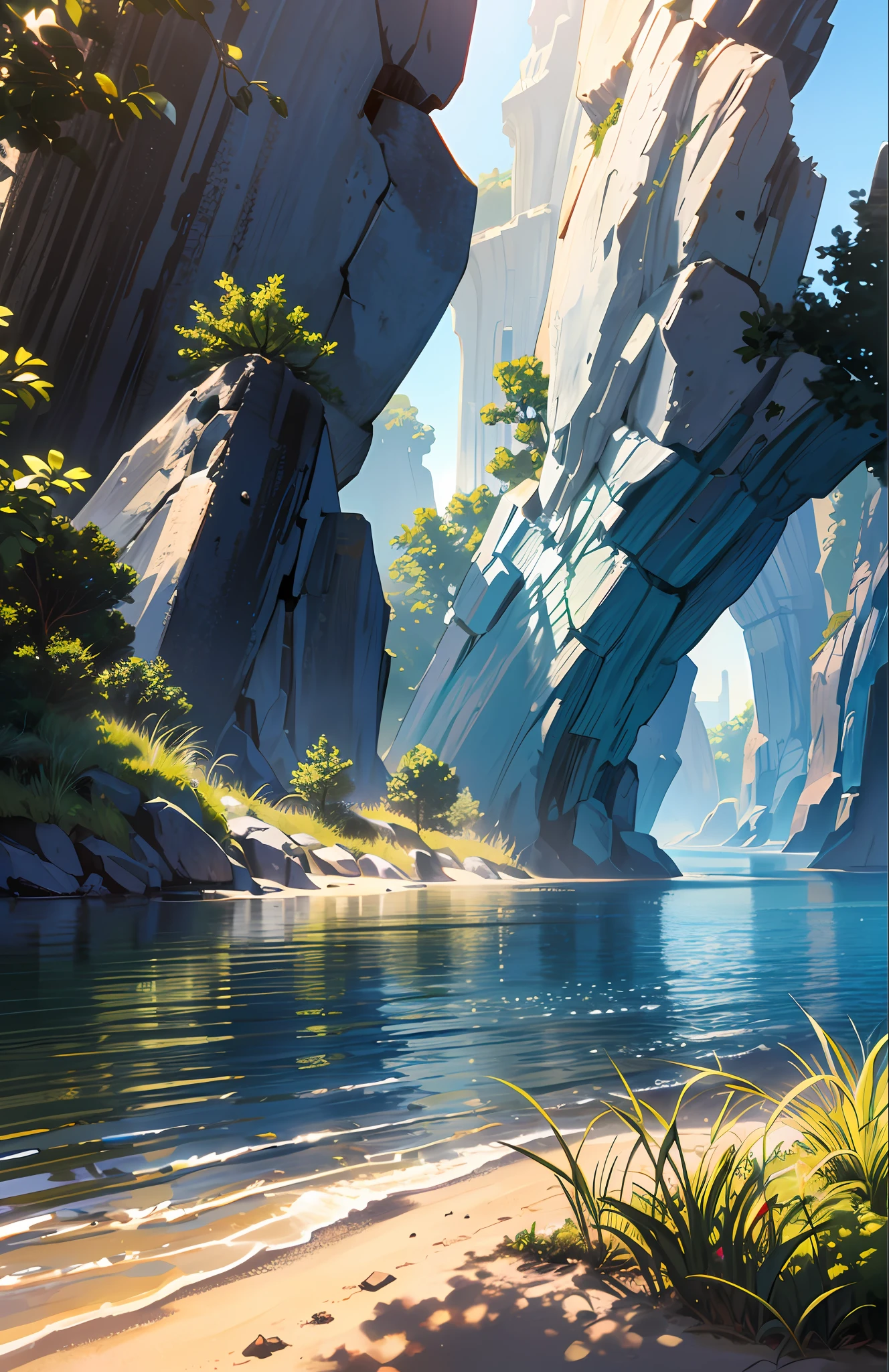 Masterpiece, best quality, (very detailed CG unity 8k wallpaper) (best quality), (best illustration), (best shadows) Nature', blue sea, light Tracking, super detailed, glare, cinematic light, soft light --v6