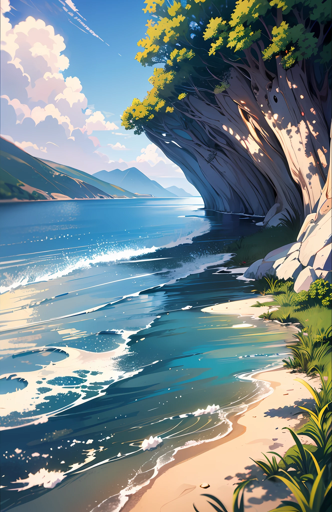 Masterpiece, best quality, (very detailed CG unity 8k wallpaper) (best quality), (best illustration), (best shadows) Nature', blue sea, light Tracking, super detailed, glare, cinematic light, soft light --v6