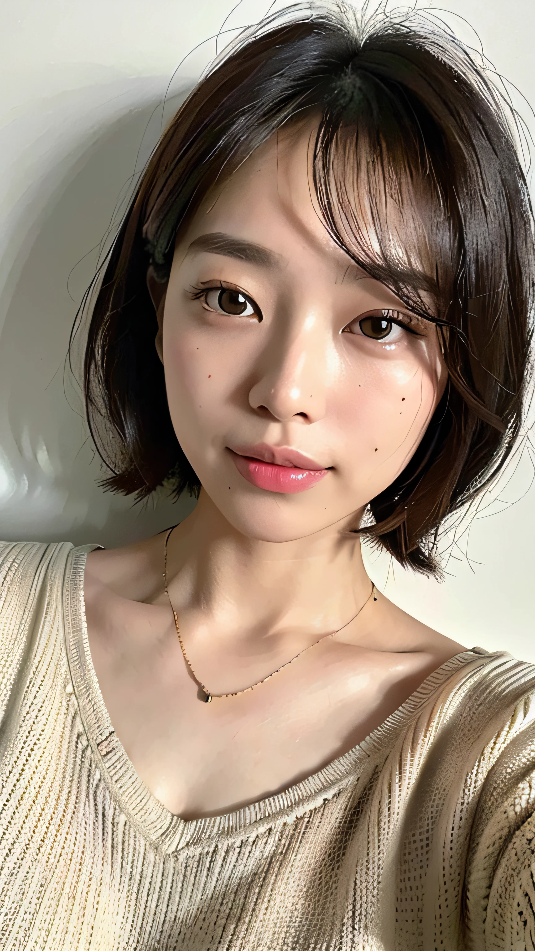 (top-quality、8K、32K、masterpiece、nffsw:1.2)、Photo of a cute Japanese woman、large full breasts、very short bobbed hair、The upper part of the body、sface focus、Oversized_Sweaters、a necklace、simple background、From above、looking at the viewers、drooping eyes、Chunky lips、seductive smile