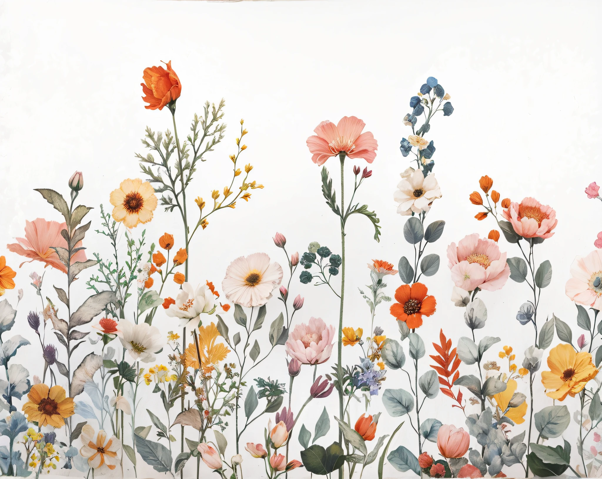 There is a painting of a flower field on a white background, Fondo pintado floral, floral explosion, an aesthetic field of flowers, patchy flowers, botanical rainbow backdrop, Floral details, delicate garden on paper, floral environment, floral growth, Floral!, floral embroidery, Blooming flowers, made of wildflowers, floral wallpaper, field of flowers background, floral flowers colorful, Meadow flowers