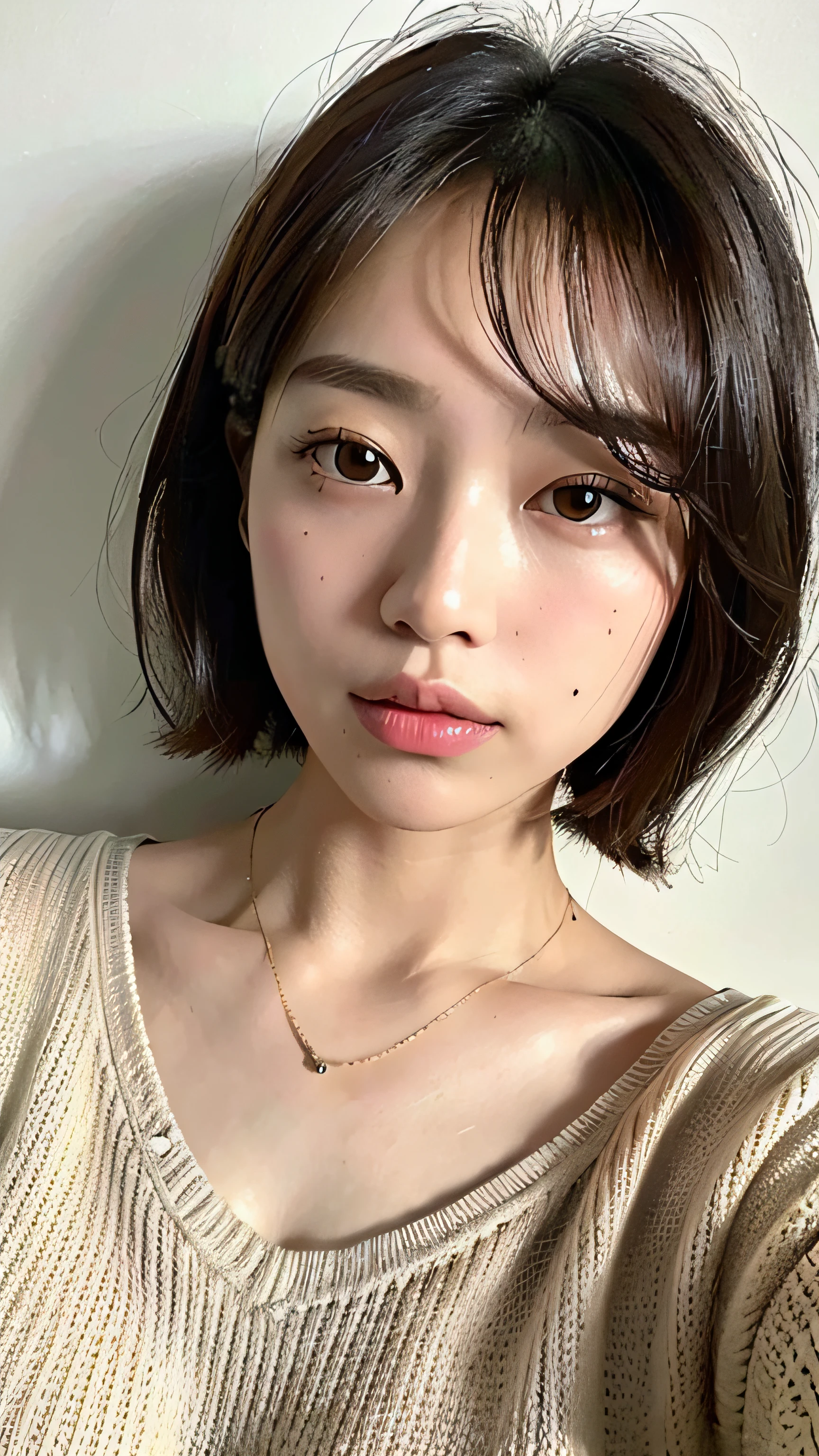 (top-quality、8k、32k、masterpiece、UHD:1.2)、Photo of a cute Japanese woman、large full breasts、very short bobbed hair、The upper part of the body、sface focus、oversized_sweater、a necklace、simple background、From above、looking at the viewers、drooping eyes、Chunky lips、