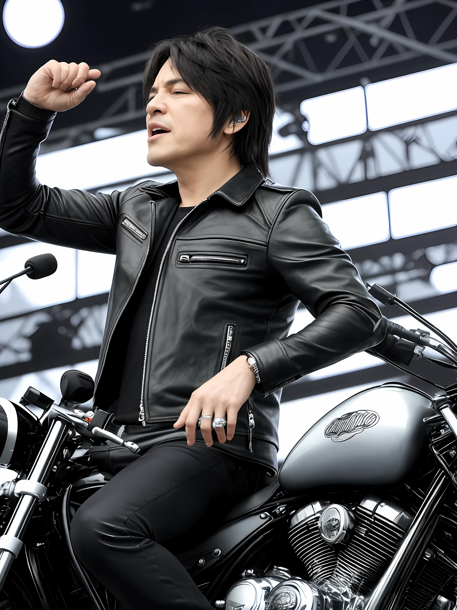 Kyosuke Himuro singing astride a motorcycle