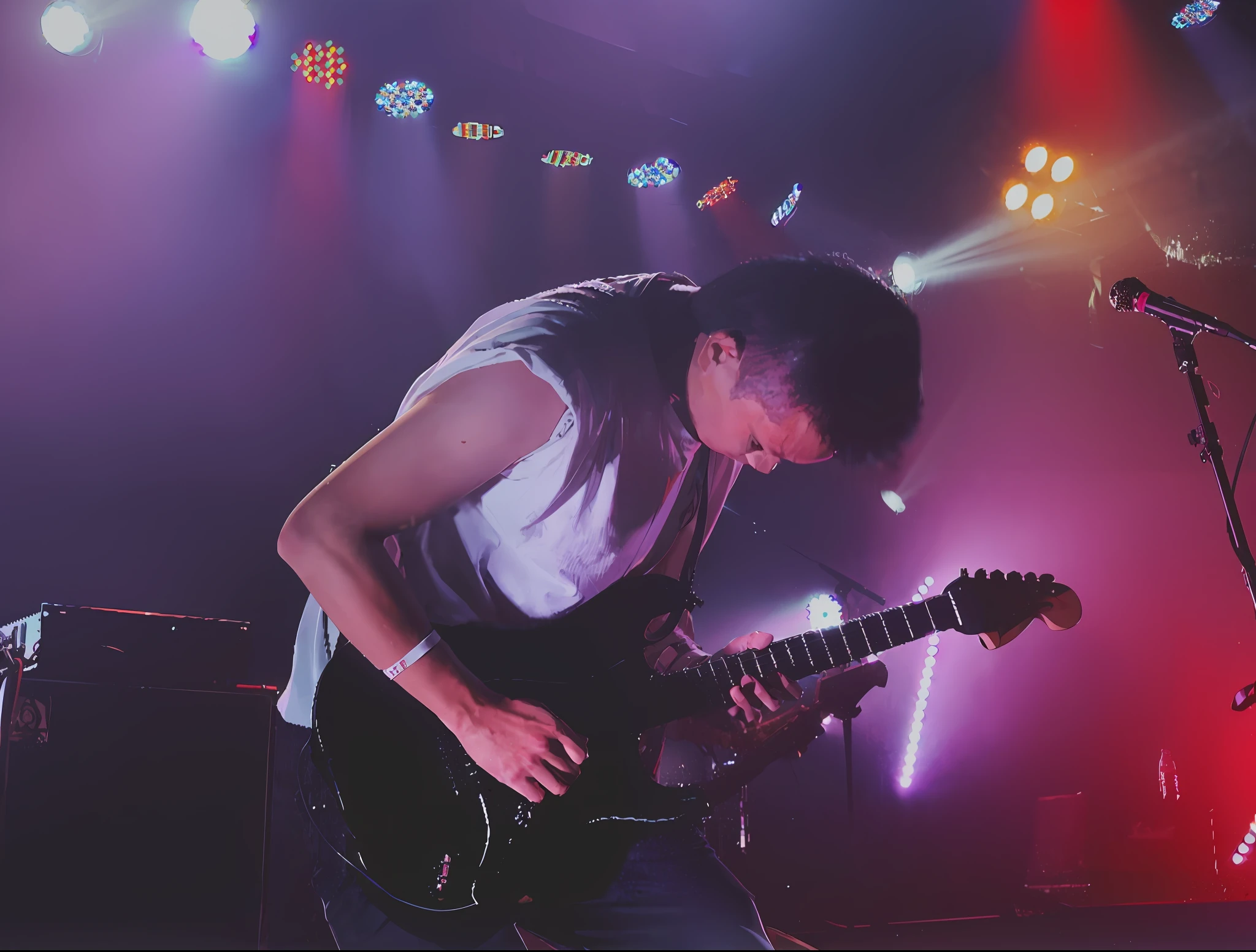 there is a man that is playing a guitar on stage,There are lights, playing guitar onstage, concert photo, shigeto hirai yuya, shigeto koyama, guitarists, rocking out, author:Robbie Trevino, live concert photography, guitar solo, jonny greenwood (lead guitar), author:Matt Kavota, concert photography, shot with iphone 1 0, author:Adam Rex
