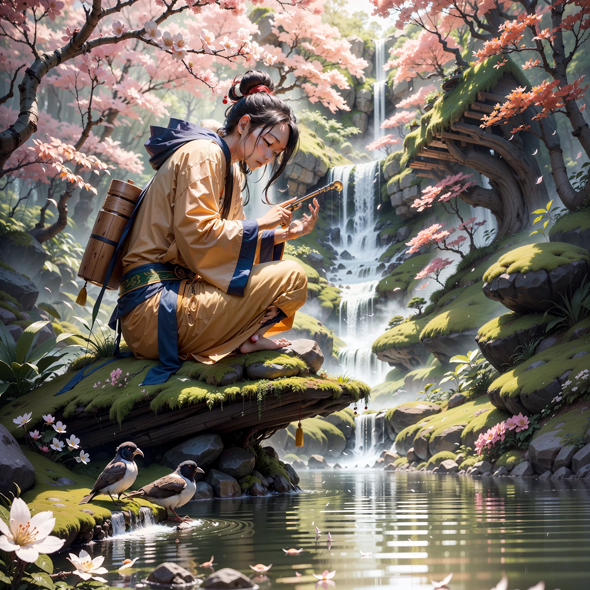 Chinese hermit in the robes of a wise hermit sitting in a meditation position under a waterfall (caindo em seus cabelos) Beautiful in the middle of a rock in a deep lake with carp in a dense and beautiful forest with cherry blossom bonsai trees with a hut in the background while the hermit holds in his hand and plays a Chinese bamboo flute and birds surround him attracted by the beautiful sound, sentando no lindo bonsai de cerejeira, emitido pela flauta e pela cabana no meio das cerejeiras e bonsais