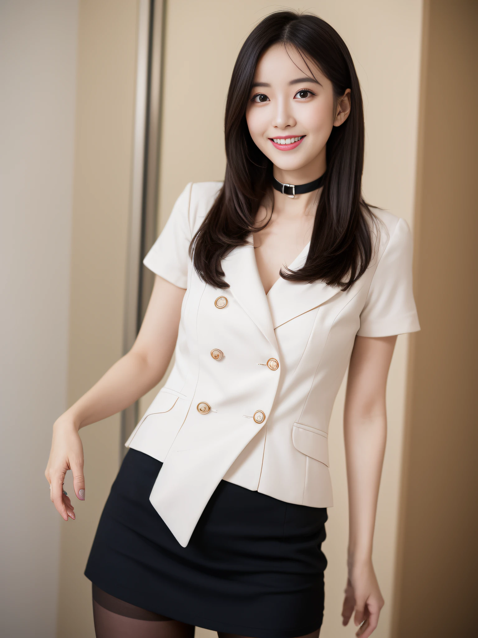 Woman in white stockings and heels,young and cute girl, wearing in stocking,Sexy Girl, Lovely woman, pantyhose, 8K,top-quality、超A high resolution、1人、Black Choker、(huge-breasted:1.2)、, Long black hair, nurse,a miniskirt,The chest of the clothes is open, Wearing Usa Ears,Photo, hospitals,japanes,独奏,Beautiful expression,all-fours,Both knees are on the ground and buttocks are sticking out,Embarrassed look,Troubled look,cheeks light pink,A bit like Suzu Hirose,Realistic depiction,Hanging a stethoscope from the neck,Legs spread shoulder-width apart, right hand pointing to hips and left hand pointing fingers to the front,Smiling