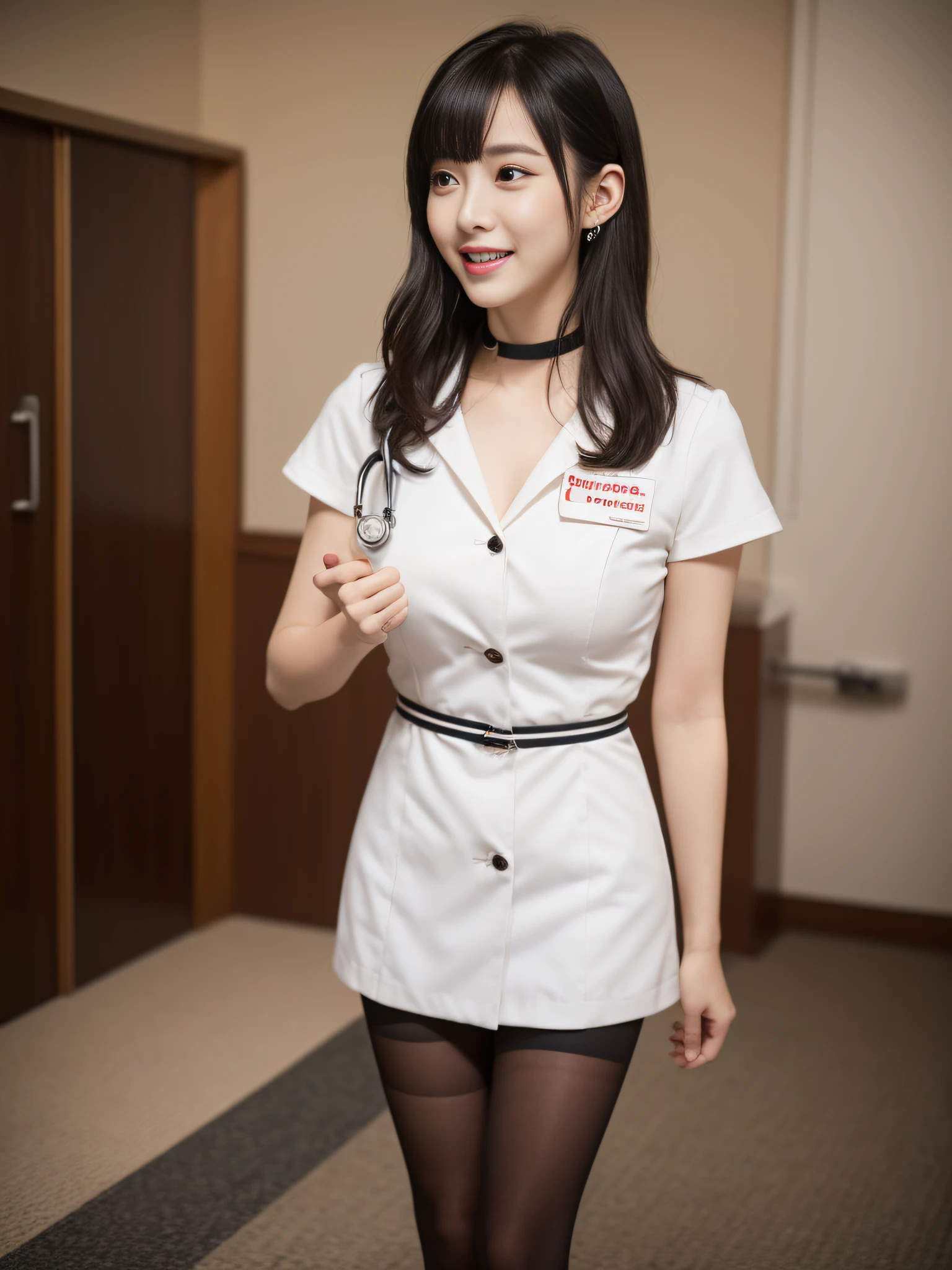 Woman in white stockings and heels,young and cute girl, wearing in stocking,Sexy Girl, Lovely woman, pantyhose, 8K,top-quality、超A high resolution、女の子1人、Black Choker、(huge-breasted:1.2)、, Long black hair, nurse,a miniskirt,The chest of the clothes is open, Wearing Usa Ears,Photo, hospitals,japanes,独奏,Beautiful expression,all-fours,Both knees are on the ground and buttocks are sticking out,Embarrassed look,Troubled look,cheeks light pink,A bit like Suzu Hirose,Realistic depiction,Hanging a stethoscope from the neck,Legs spread shoulder-width apart, right hand pointing to hips and left hand pointing fingers to the front,Smiling