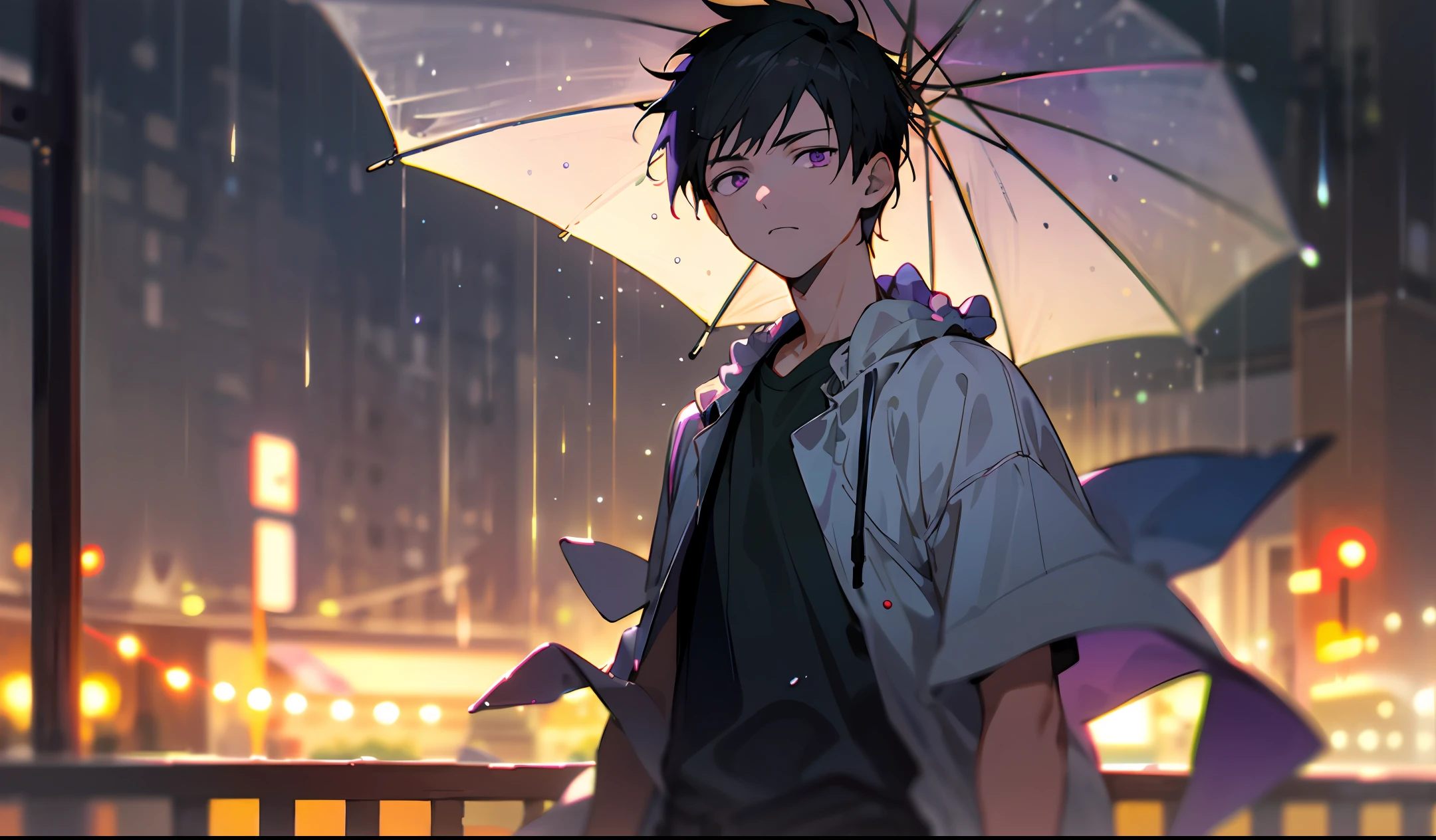 masterpiece, best quality, hdr, realistic, chromatic aberration,
Boy character, expressionless, dinamic pose, black hair, scrunchie,
1boy, solo, cowboy shot,
detailed background, outdoors, purple eyes, rainy day , rain detail