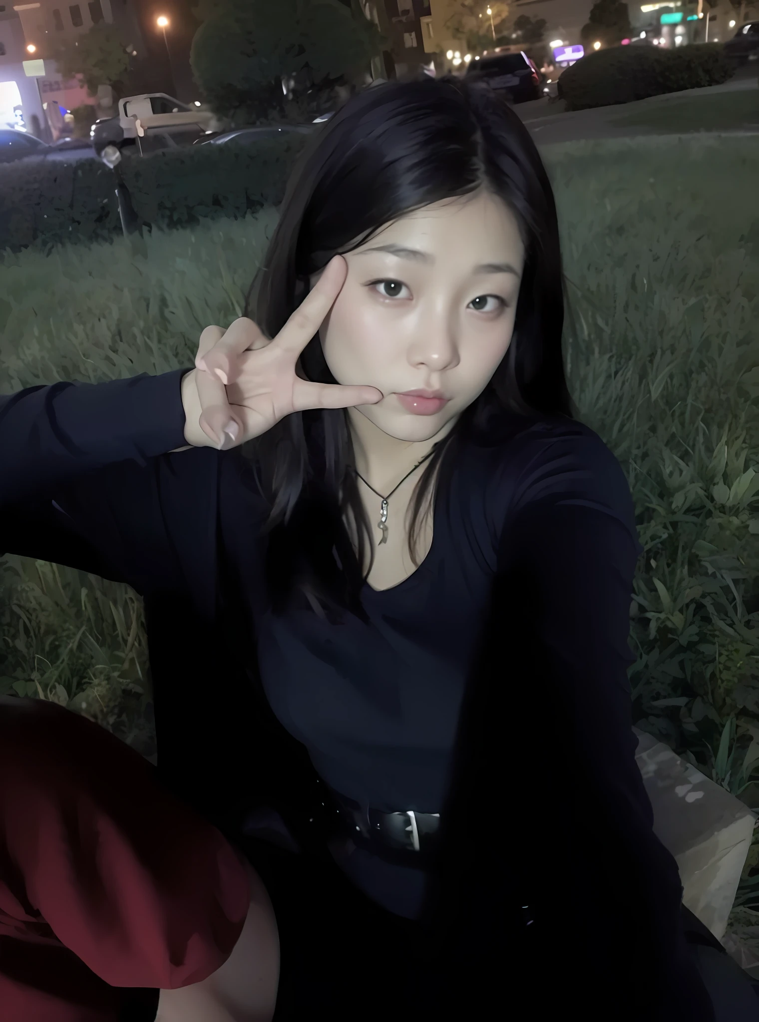 On the grass there was a woman sitting on a bench, Korean girl, 18 years old, ☁🌪🌙👩🏾, jaeyeon nam, tzuyu from twice, Choi Hyun-hwa, cruel korean goth girl, Korean woman, very very low quality picture, 2 2 years old, With sunset, beautiful Korean women, 21 years old