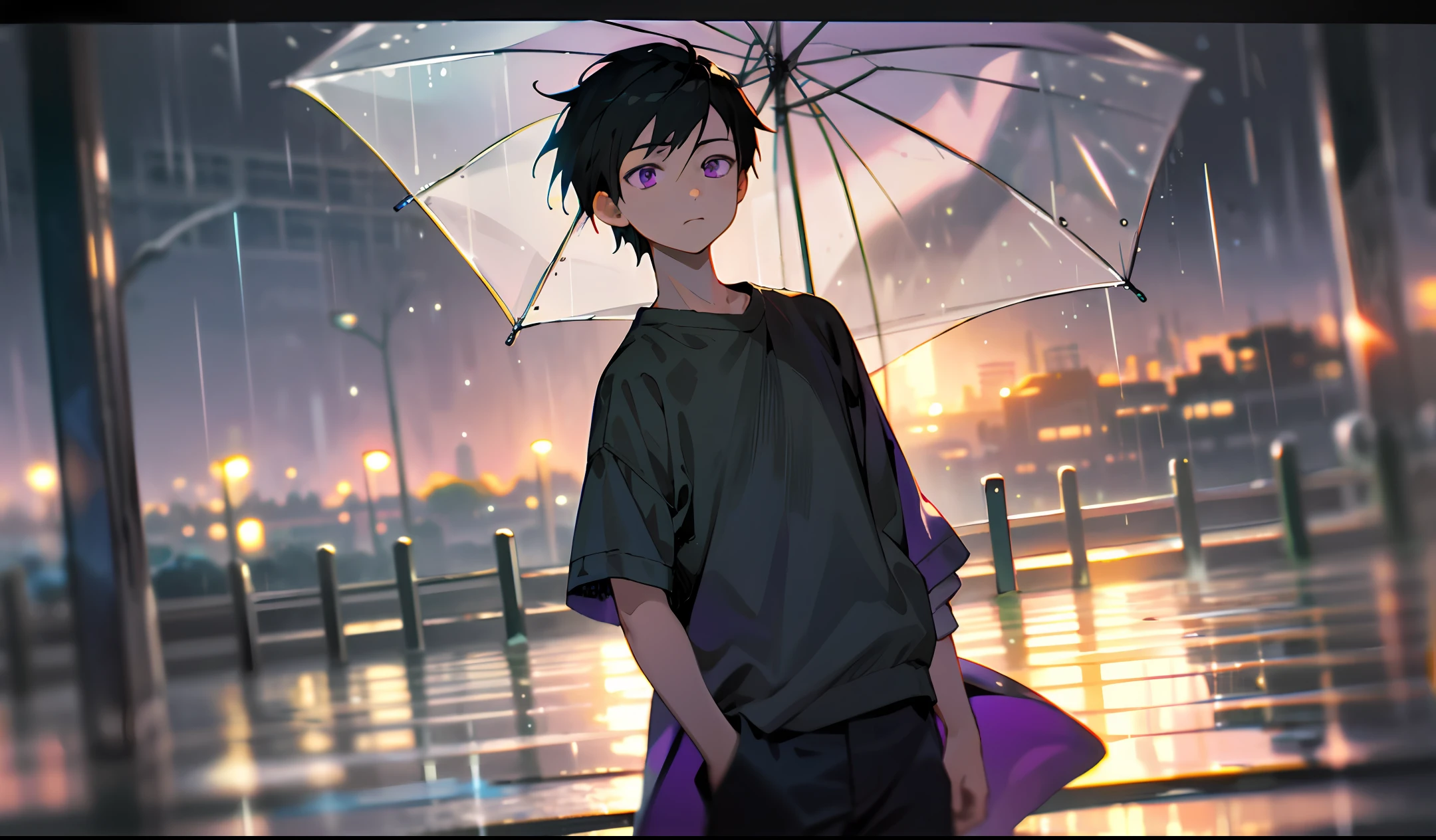 masterpiece, best quality, hdr, realistic, chromatic aberration,
Boy character, expressionless, dinamic pose, black hair, scrunchie, 
1boy, solo, cowboy shot,
detailed background, outdoors, purple eyes, rainy day , rain detail