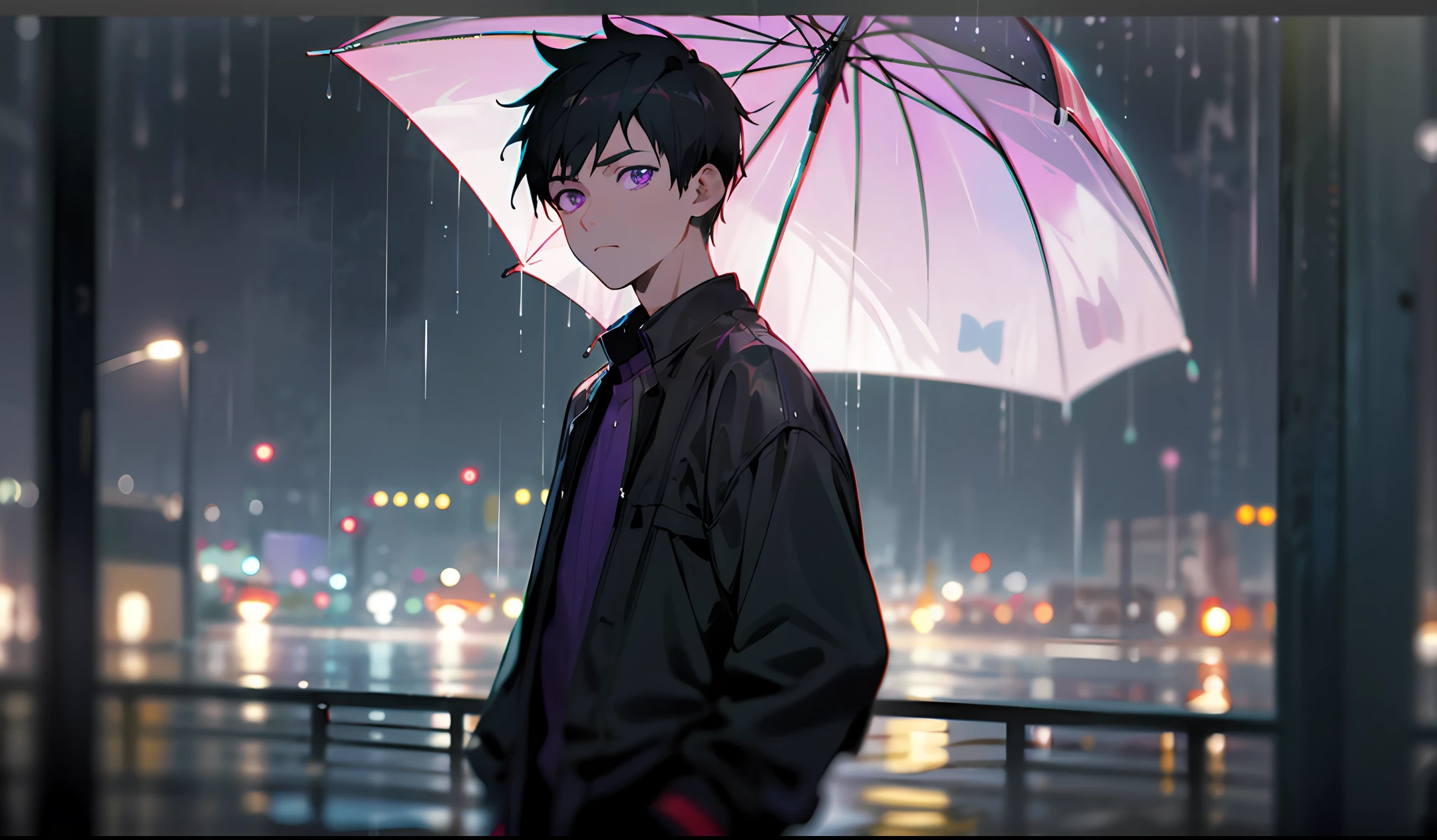 masterpiece, best quality, hdr, realistic, chromatic aberration,
Boy character, expressionless, dinamic pose, black hair, scrunchie,
1boy, solo, cowboy shot,
detailed background, outdoors, purple eyes, rainy day , rain detail