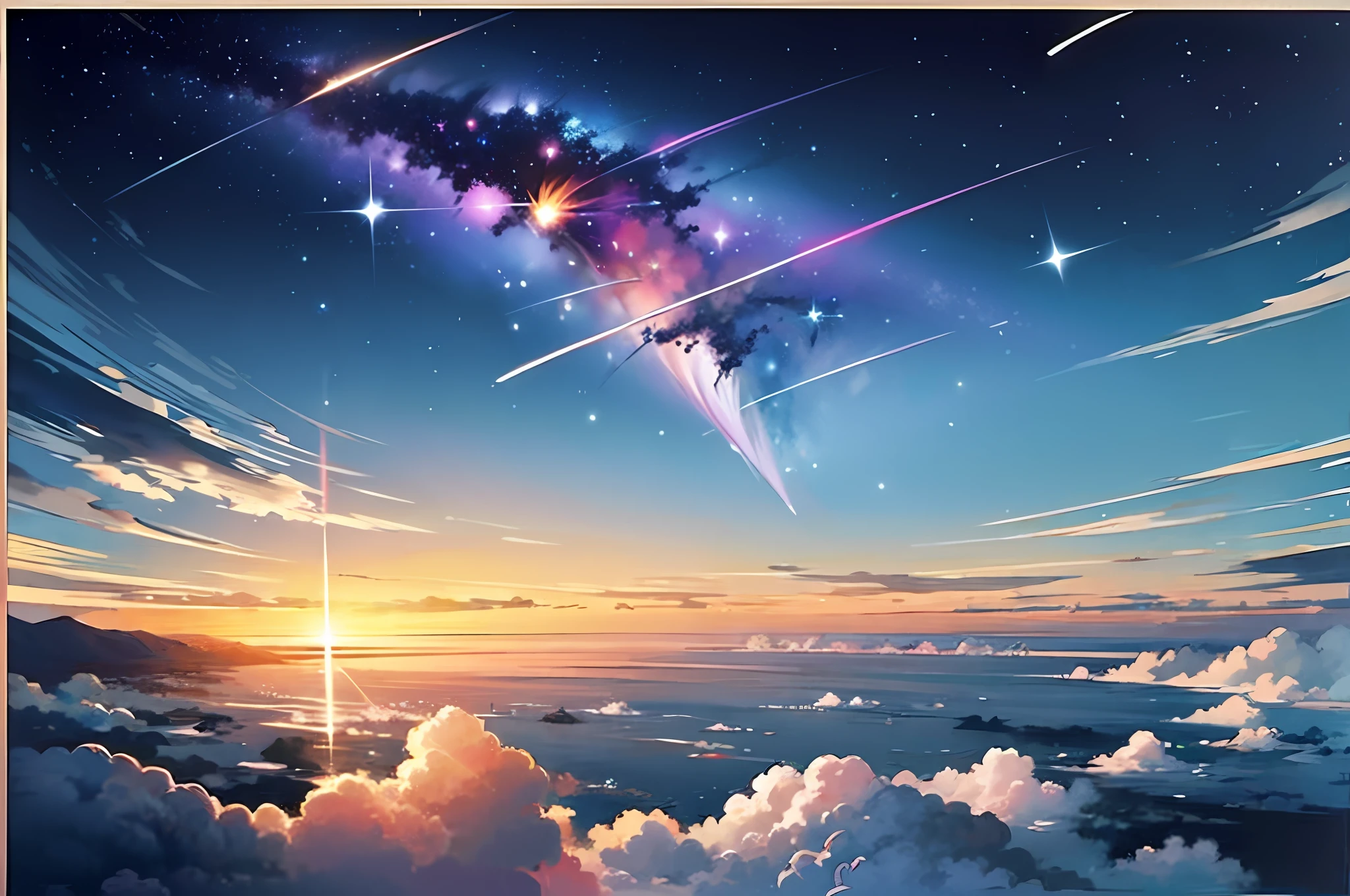 Paint a sunset on the hill,A bird flies in the sky, Meteor Fall, During meteor storms, Perseid meteor shower, meteors are falling from the sky, meteors, Golden meteor, meteor shower, painting of a dreamscape, author:Ivan Mestrovich, Inspired by Ted Nasmith, sky mural on the room ceiling