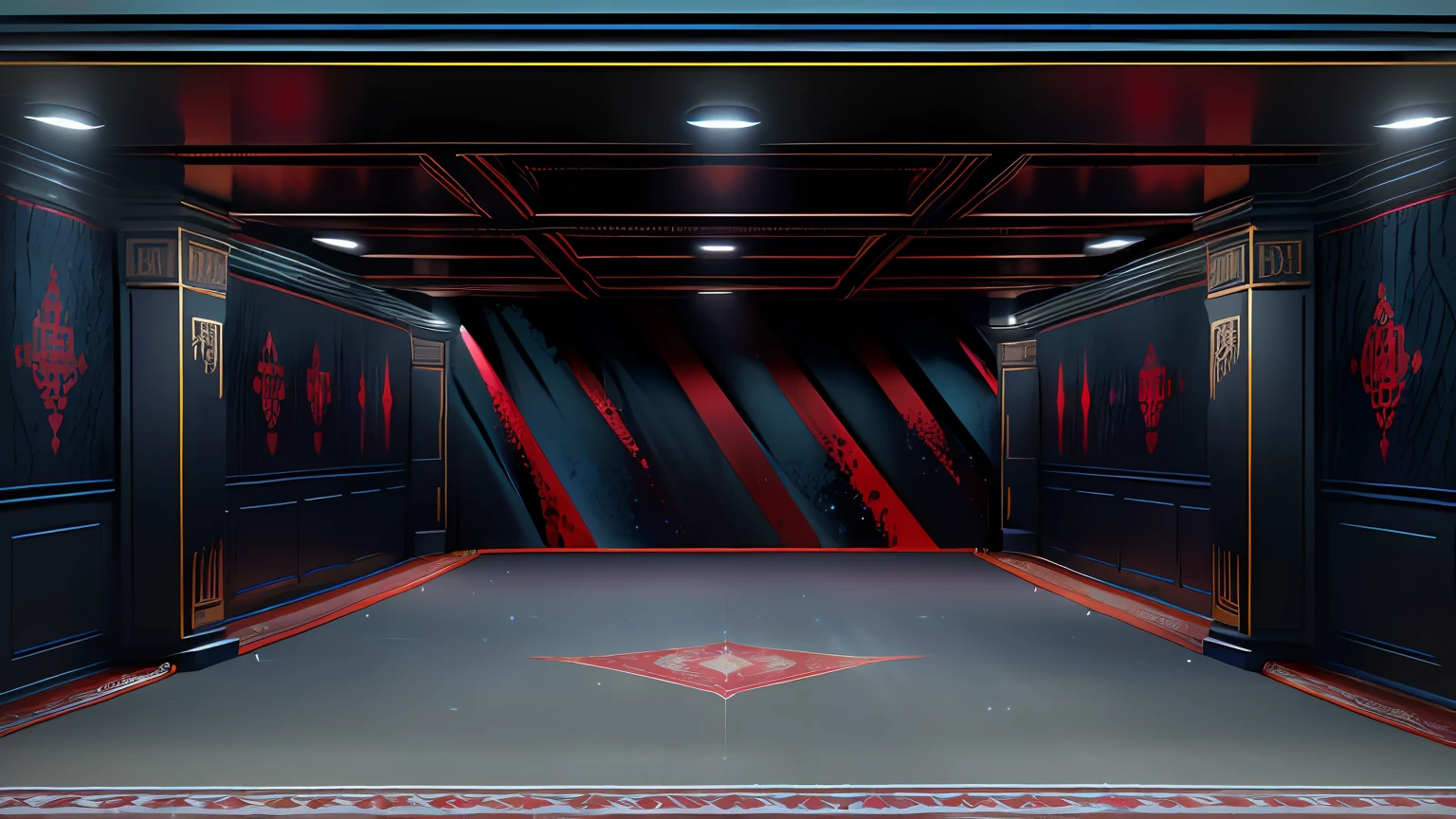 there is a room with a (((red carpet))) and a wall with lights, everything is carpet and 3d, carpet, ji-min, ilya kushinov, (((red carpeted floor,:1.2))) installation, maxim sukharev, azamat khairov, aleksander rostov, dancefloor, sergey krasovskiy, projection design installation, indoor liminal space