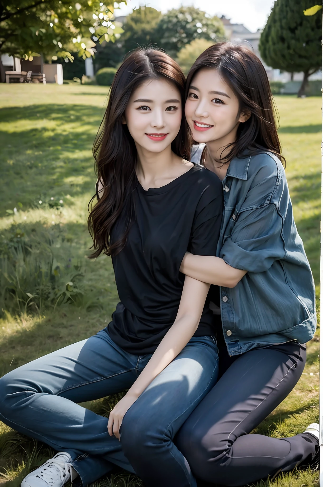 (RAW photogr,超高分辨率,tmasterpiece,best qualtiy:1.4),Complicated details,2 20 year old Korean girl,Wear a loose black T-shirt and skinny jeans,Stand on the grass and take pictures,hugs,Intimate relationships,Detailed meadow,A sweet smile on a small face,The face and skin are pink and fair,Ultra-realistic facial details,Playful and coquettish pose,The calves are straight and slender:1.5,Wear high-end branded colorful travel shoes:1.5,eventide,warm color,Broad lighting,naturalshadow,taking a full body photo:1.8