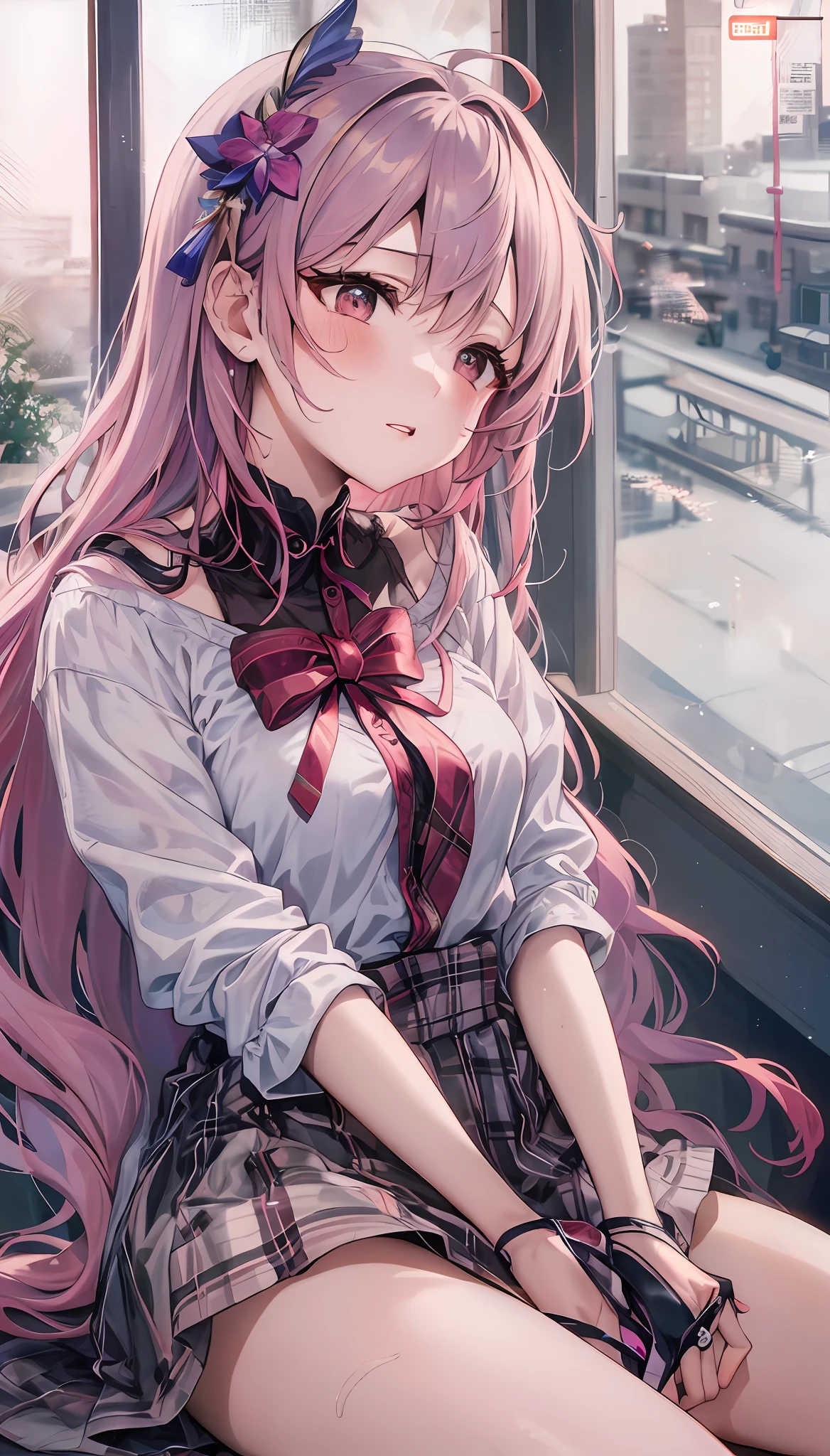 (nsfw:1.3) , anime girl with pink hair and white shirt and tie, cute girl anime visual, portrait anime girl, cute anime girl portrait, beautiful anime girl, beautiful anime portrait, anime style 4k, 4k anime wallpaper, (anime girl), anime wallpaper 4k, anime girl with long hair, anime wallpaper 4k, anime art wallpaper 4k,Daily life, sitting in the seat across from you, sitting shallowly, sleeping habits, spreading your legs a little, skirt lift by myself, cute panties,