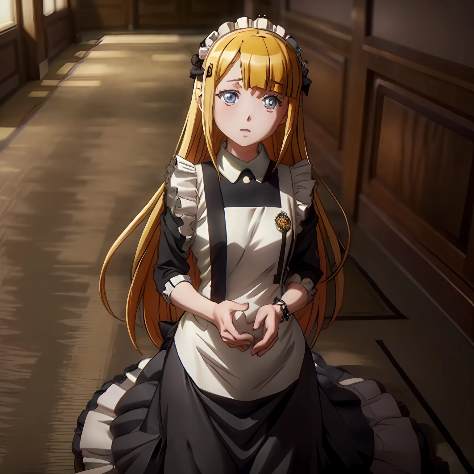 Woman in maid clothes sitting on the floor of the hallway, anime girls in maid costumes, today's featured anime still, maid clothes, anime maid  ss military, Anime visuals of cute girls, anime visual of a young woman, from the azur lane videogame, anime cat girl in a maid costume, girls frontline cg, Anime girl named Lucy