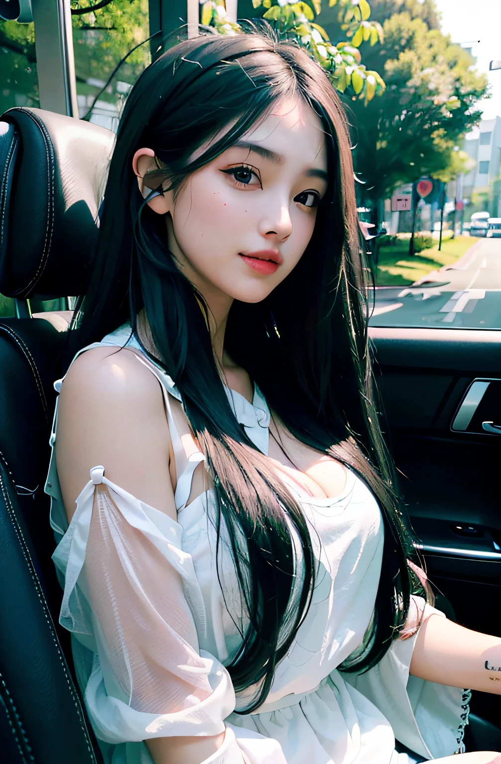 best qualtiy、masterpiece、photoRealstic、intricate-detail、Raw foto、Photon Rendering、Octane Rendering、absurderes、ultra-detailliert、A detailed face、Detailed skin、Trending in art stations、8K masterpiece、lighting like a movie、( (1girl))、((独奏) ))、((Behold))、CG Social Trends、Plastic En、((Black long hair))、((Beautuful Women))、(a smile)、Passenger seat in a convertible、Hair that flutters in the wind、((Flowing hair))、happy、fashion magazine、