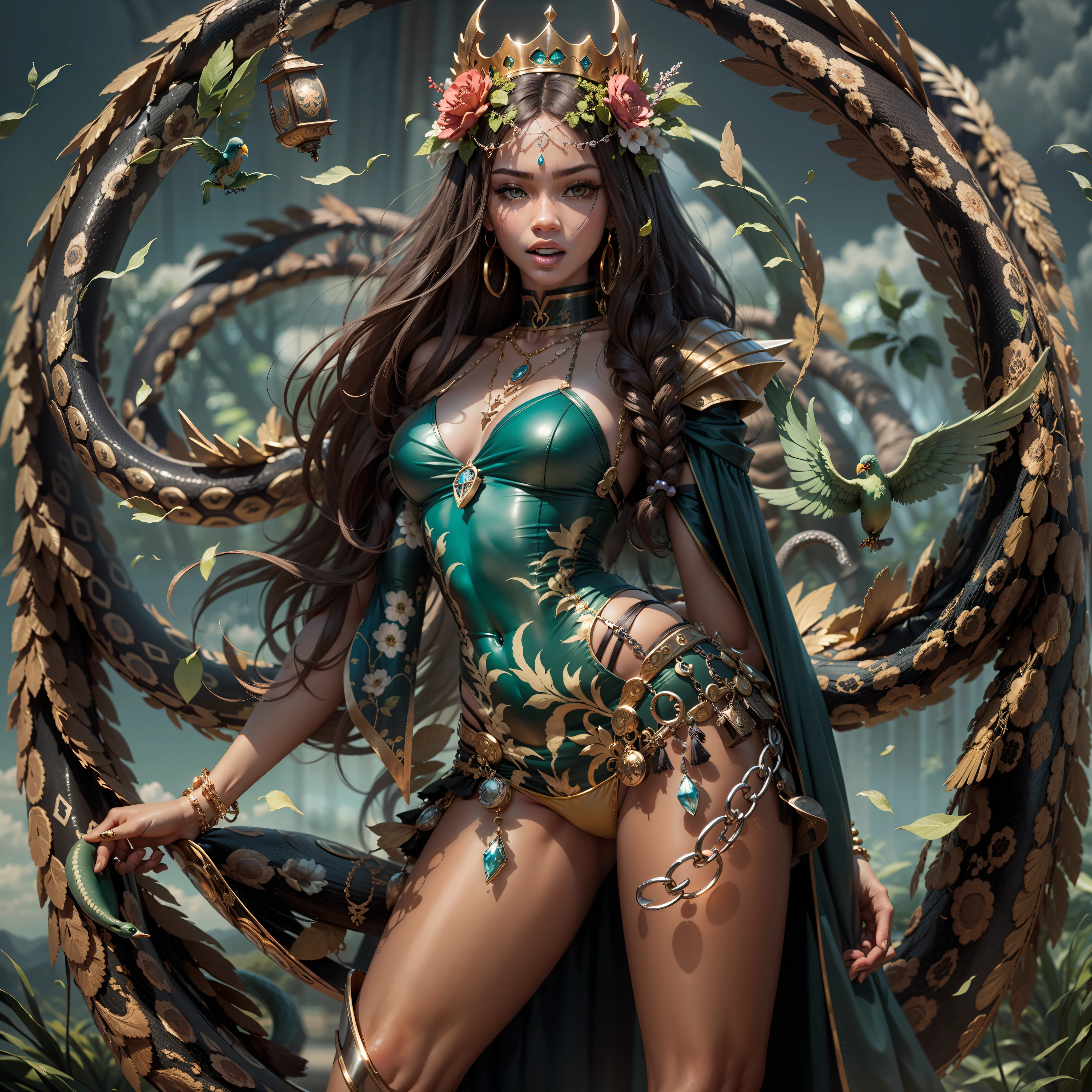 Caduceus Hermes Greek mythology wand olive laurel surmounted wings surrounded intertwined snakes Medusa_hairs_Snakes Outdoor Nature "Ouroboros" Forest Natural Queen Native éblouissantes Valkyrie-wings clef chains "Heavy Metal" Will-o'-the-wisp Fire-follets fairy pixie sprite conceptual safe female glamour aesthetic walking slow motion Cosplay "Nicki Minaj":1.5 "Rihanna":1.5 "beyonce":1.5 aristocratic jacket 38years symmetrical athletic bronzé hairstyle_snakes:1.5 obvious varied ecstatic fringes:1.5 visages:1.5 cheekbones effects reddened embarrassed lazuli water drop between eyes beautiful hair:1.5 Brown Eyes Pupils Black Iris Turquoise Sapphires Open Mouth Teeth Smiles Floating Jacket Fixed Pearls Eccentric Cape Levitating Shoulders-Off:1.2 chemise blanches dentelles clavicules papillotes varied breasts1.5 points:1.3 satin sideboob felt bikini:1.5 corsait:1.5 spinels thick navy leather skirt:1.5 soies assortie amples nombril:1.3 revealing pubic scarlet pubis-hairy obvious indigo underwear:1.5 Size chastity belt:1.3 silver adorned padlock Gold thighs legs garters Gothic stainless steel boots decorated onyx equirectangular 360 monastery opal marble ruby background:1.5 DoF mannequins lantern dressed armor richly decorated:1.5 "Chevaleresque" dramatic chrome metallic flat bands fathoms brass fullbodye lys rune ornate emerald plasma embroidered glyphs Tourmaline wood engravings lava magic intricate:1.5 summons snake incandescent Crystalline familiar robot Mecha (EOS R6 135mm 1/1250s f/2.8 ISO400) Mech Mechanized snakes flowering Quetzalcoatl:1.5 Adaptable volumetric luminescence saturated:1.5 ultra:1.5 pro-photorealists:1.5 optimaux:1.5 qualities:1.5 details:1.5 precise:1.5 reflex:1.5 resolutions:1.5 3dcg max:1.5 graduates:1.5 improved:1.5 Octanes_rendues:1.5 UHD XT3 16K DSLR HDR UnrealEngine5 profondeurs:1.5 Earth Heart:1.5 Hearth ultra_sharpness:1.5 ombres analogiques:1.5 CGSCOSITY pet chef-d':1.5 "Bruce Weber girls" multi etc.