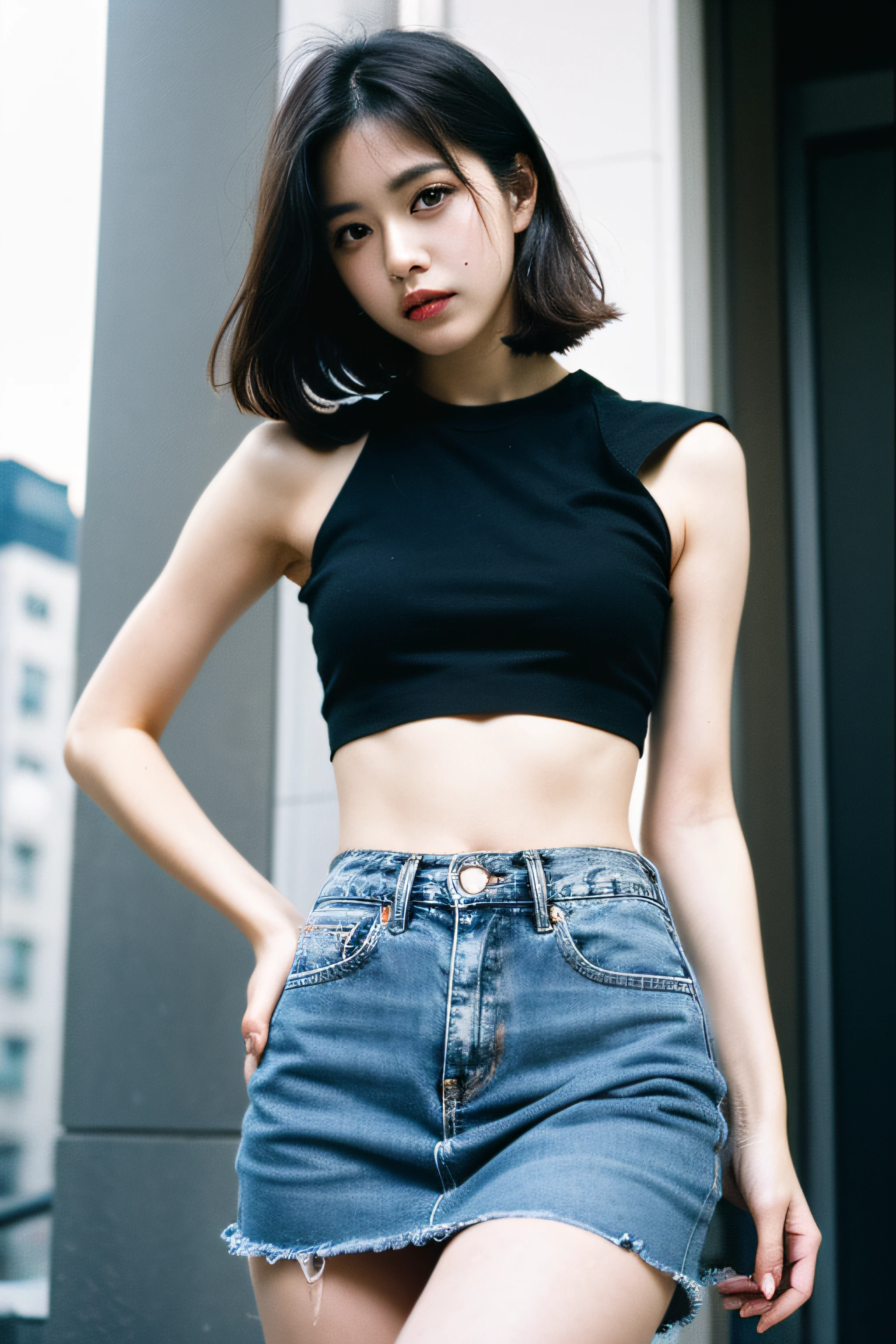 Photo of a Beautiful Korean kpop idol Woman, white crop top, tight denim skirt, Summer, Lustful, film grain, Ilford HP5, 80mm