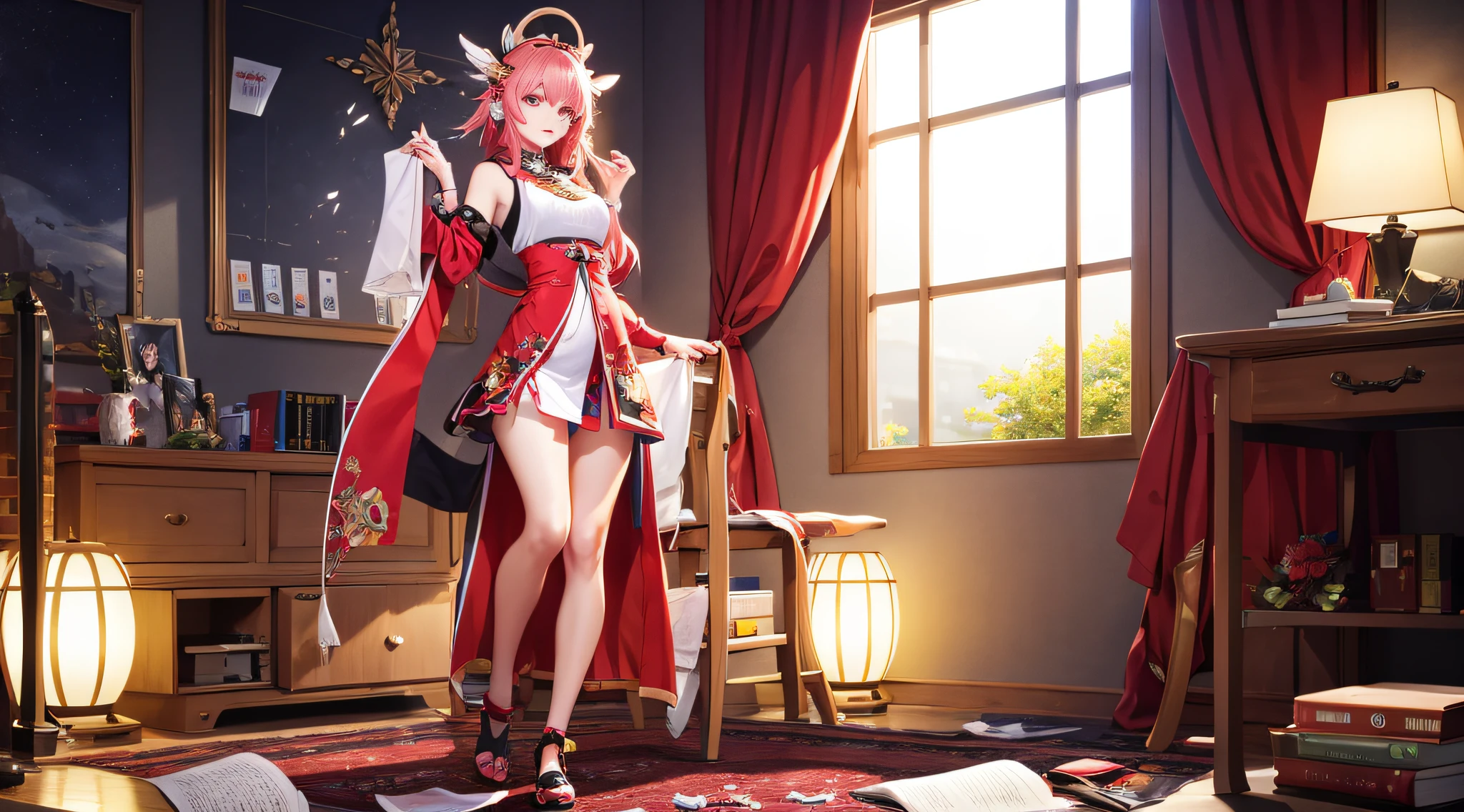 (Extreme Detail CG Unity 8K Wallpapers,tmasterpiece,Highest image quality),(Delicate light and shadow,The picture is highly dramatic,Cinematic lens effect)school ground、Female Student、Stand in the center of the lens、Paper、School supplies fell to the floor、holding books、standing on your feet、Long light red hair、Small and beautiful、with fair and smooth skin、Hole-in fishnet socks、shift dresses、Slender eyebrows、Small nose、The eyes are deep and bright、Lips are rosy and plump 、The costume is simple、vibrancy、Bright colors、cozily、耳Nipple Ring、Bracelet、hair adornments、head gear、Wrist watch、Playful、Girly、stocklings、Black lace panties、Leg chains、fresh flowers、Cute shoes、Falling debris、Full body like、Dignified、中景 the scene is、petals、anime big breast、quadratic element、Brush strokes