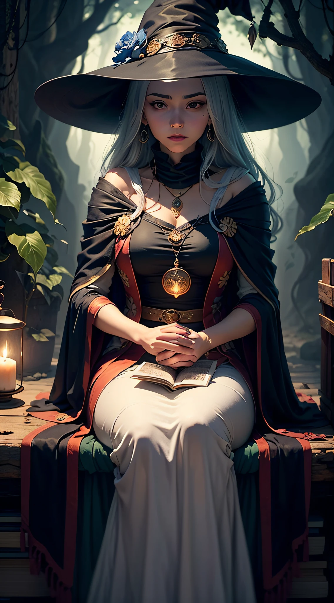 The Guava Witch is a tarot card that represents wisdom, Knowledge and guidance. She's a wise old woman, com longos cabelos((( pretos))) e sedoso. Ela veste roupas simples e modestas, and is wrapped in a cloak. She is sitting or standing in a tranquil natural setting, como uma caverna, montanha ou floresta. She holds an old flashlight in her hands, which emits a soft and warm light. His eyes are deep and understanding, And she has an expression of serenity on her face. The Guava Witch is a figure of inspiration and hope. It reminds us that we all have the potential to attain wisdom and enlightenment. It also teaches us that we are not alone in our spiritual journey. She is always there to guide and support us. If you catch the Guava Witch in a tarot reading, That's a sign that you're on the right track. You are being guided by the wisdom and guidance of the universe. Keep following your heart and you will achieve your goals. Here are some additional tips for drawing the Guava Witch::: Use tons suaves e terrosos para criar uma atmosfera calma e introspectiva. Add touches of blue and silver to represent the connection to the divine and spirituality. Use symbolic elements, como um livro antigo, um cajado ou um mapa estelar, para enfatizar a busca interior, the connection to the knowledge and spiritual journey of the character. Make sure the character has an expression of wisdom and serenity on her face.