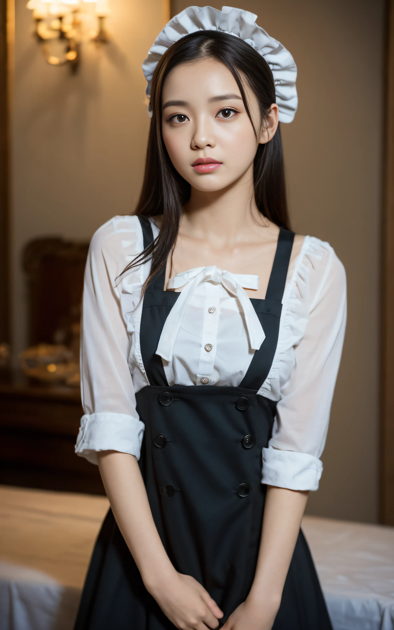 victorian maid, (Raw foto:1.2), ​masterpiece, in 8K, hight resolution, (Photorealsitic:1.4), hyperrealistic girl, extremely detailed eye and face, beatiful detailed eyes, Realistic face, hight resolution, ighly detailed, top-quality, ​masterpiece,  ighly detailed, At 8K, magnifica, mansion, top-quality, Light on the Face, 电影灯光, ((Maids)), 20 years girl、hanging breasted, thighs thighs thighs thighs, Head dress, (maid clothes), Maid costume, Apron Dresses,