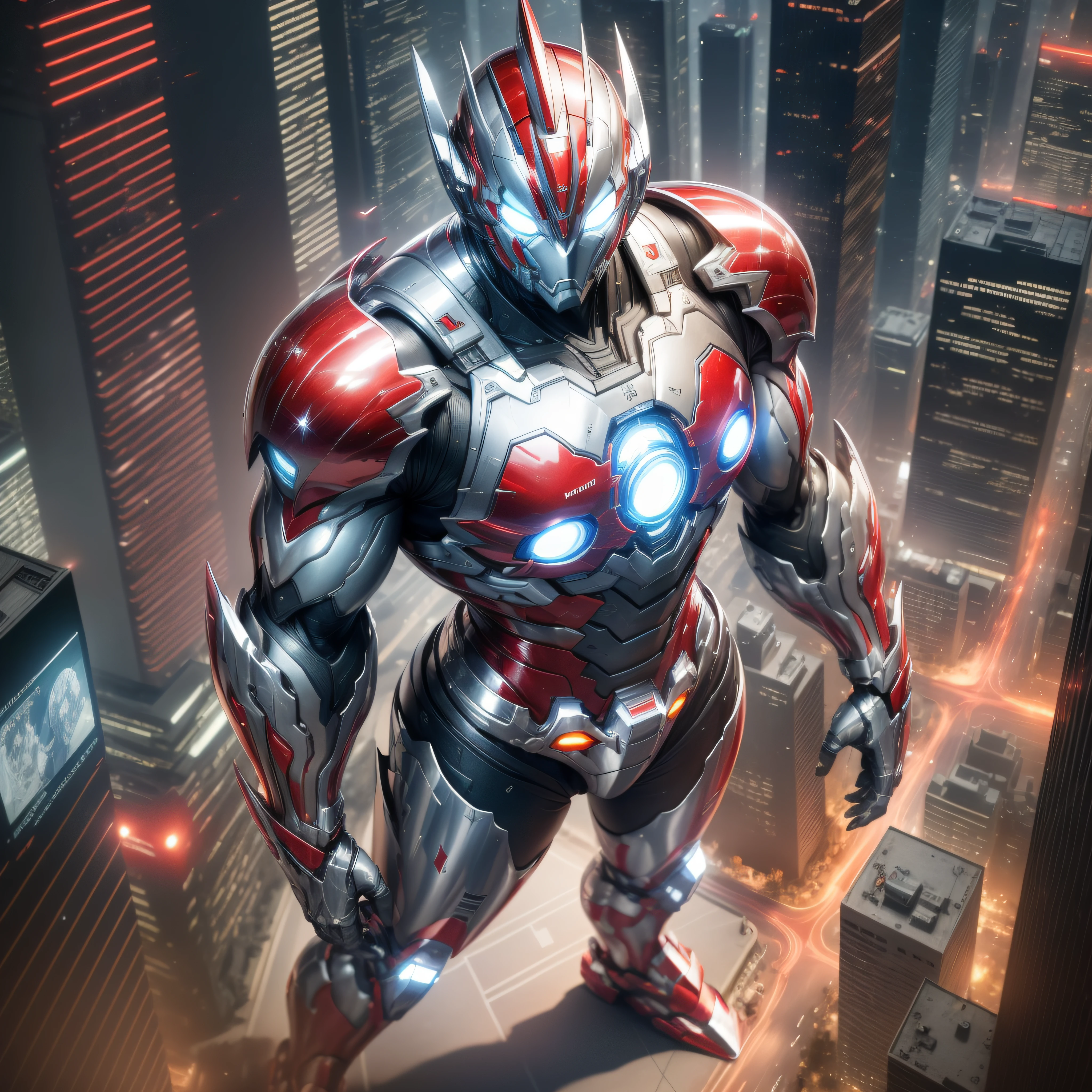 (Masterpiece, Superb Quality, Super Delicate, High Resolution), Male Focus, (((Mobile Ultraman))), (No Muscles))), (His head is tapered, his body is made of (((red chrome))) and silver (((chrome))), his arms are streamlined, he has a small round calculator on his chest, he looks tall and athletic, the overall look is streamlined and modern), (standing pose), pose for photos, high angle, dark night, populated city, background details, ((((whole body))), from above, solo, photo-realistic, octane render, unreal engine, ultra-realistic ((( Huge feeling)))