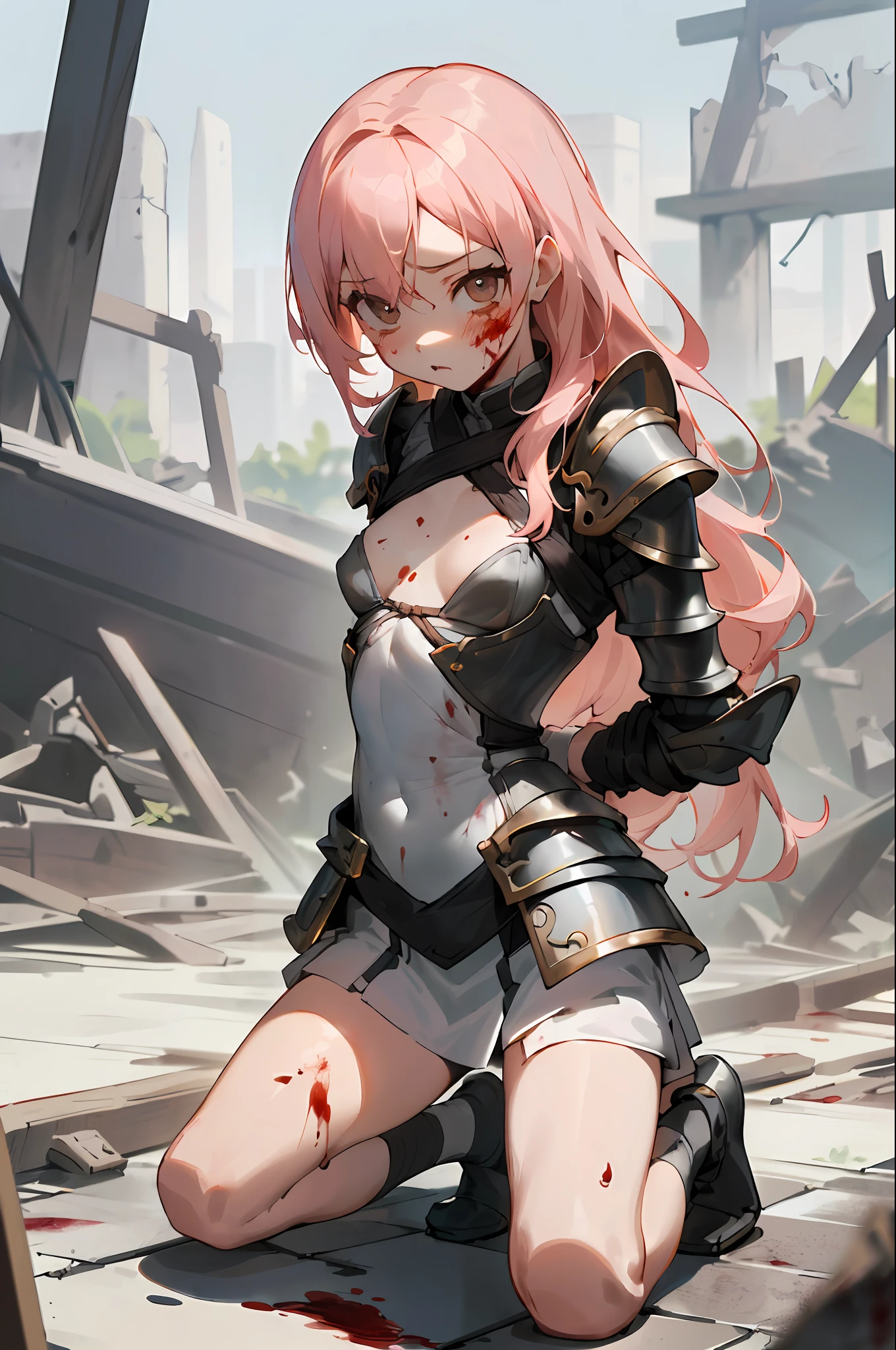 NFSW,absurderes, hight resolution, ((masutepiece)), animesque、((Best Quality)), (Ultra-detailed), ((Extremely detailed)), (Beautiful), ((Kawaii Girl)), (Lori:1.8), 独奏,(In:1.6)、Beautiful face、White skin、In the ruins of old buildings、shiny long pale pink hair、Slender girl, (Small breasts:1.6)、BREAK、The upper part of the body、Gentle face、(The girl is bloody、Place your knees on the ground:1.7)、(A girl bleeds profusely from the head:1.7),(Cute Fantasy Armor:1.5)、Face of distress、(kneel down on the ground :1.7)、(Girl's hands tied behind her back:1.6)