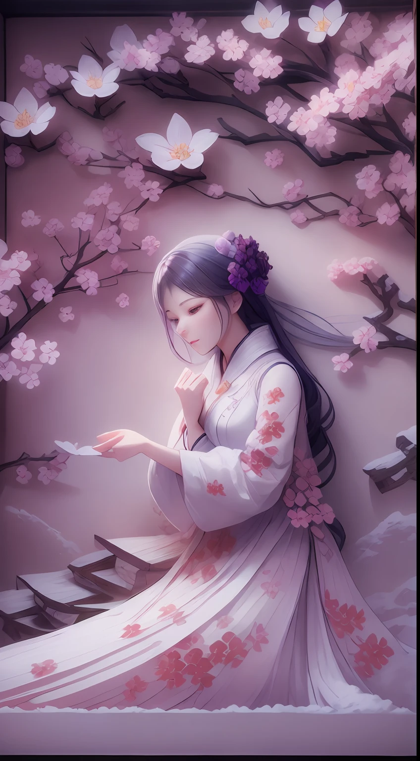 illustration: 1.3), (paper art: 1.4) a 3D render, , (Beautuful Women:1.3), (Representative work plum blossoms:1.2)(Masterpiece snow:1.2) , Colorful, Best quality, Detailed details, Masterpiece, offcial art, movie light effect, 4K, Chiaroscuro , Flash