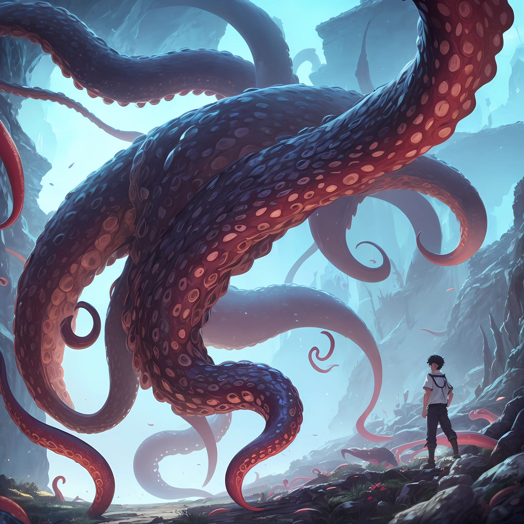 Male anime boy with octopus tentacles around him, his trunk is a long tentacle, detalhes finos. anime. tentacles, his trunk is a huge tentacle, tentacles surrounding, tentacle beast, covered with tentacles, eldritch muscular colorido, tentacle monster, many tentacles, wrapped in black tentacles, vivid tentacles, tentacles --auto