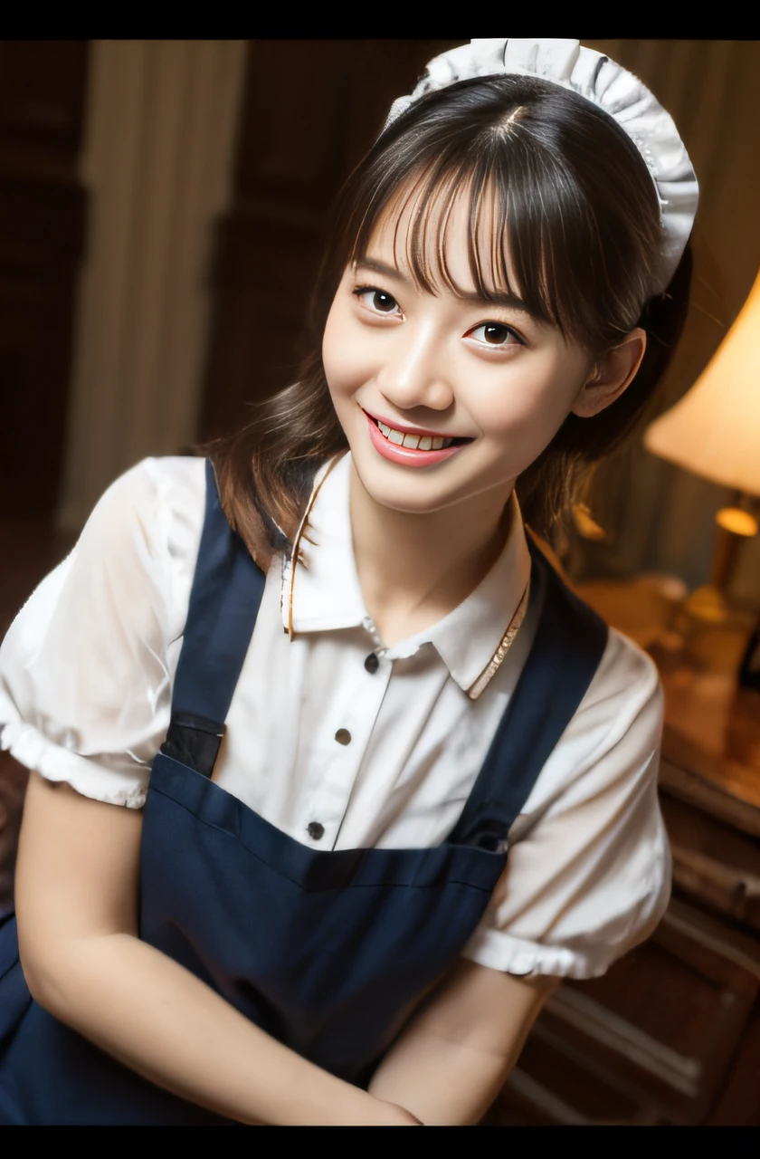 Classic maid clothes, (Raw foto:1.2), masterpiece, in 8K, hight resolution, (Photorealsitic:1.4), hyperrealistic girl, extremely detailed eye and face, beatiful detailed eyes, Realistic face, hight resolution, ighly detailed, top-quality, masterpiece, ighly detailed, At 8K, magnifica, mansion, top-quality, Light on the Face, 电影灯光, ((Maids)), 20 years girl, (smile:0.5), thighs thighs thighs thighs, Head dress, (maid clothes), Maid costume, pinafore, Apron Dresses