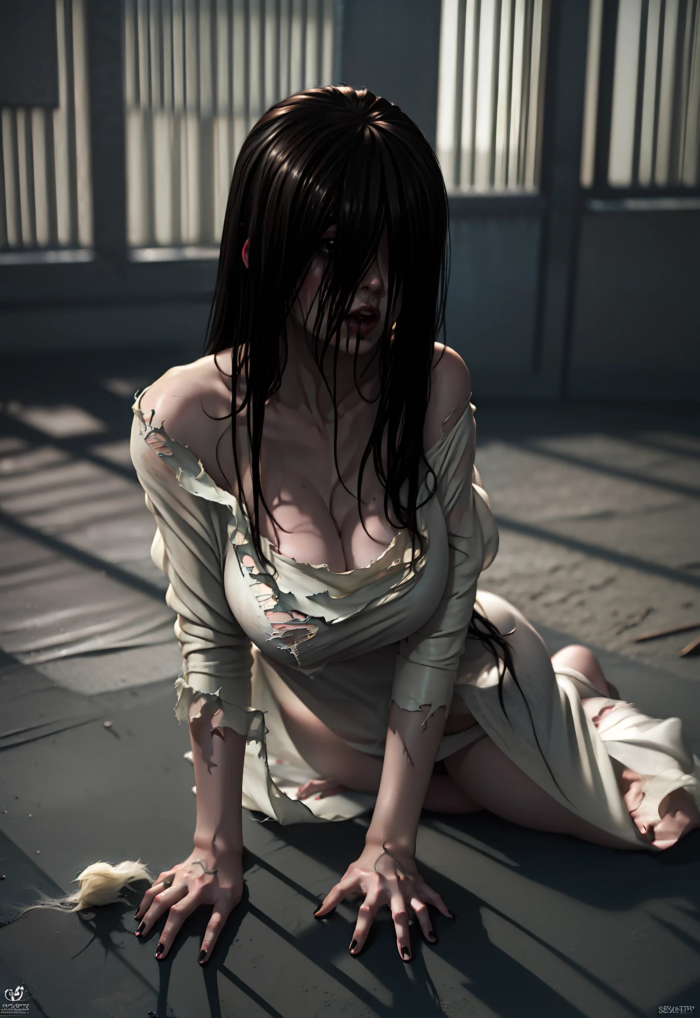 Realistic Japanese Horror movie taste picture, ((masterpiece)), (best quality), (absurdness quality), high resolution, 32k, (photorealistic:1.4), black hair, hyper realistic photo of Yamamura_Sadako, (((torn, sexy white dress))), ((grey skin)), long hair over eyes, eyes covered, hidden face by long hair, spooky, messy abandoned house, dark atmosphere, ultra huge cleavages, full body shot, entire room view, (crawling on hands and knees on the floor), slender body,